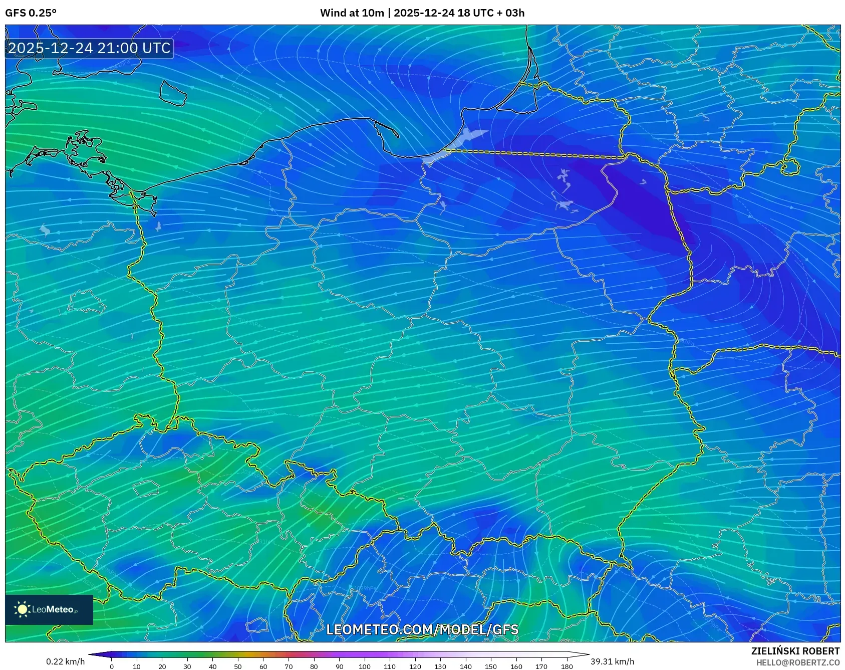 GFS model - Poland, Wind at 10m