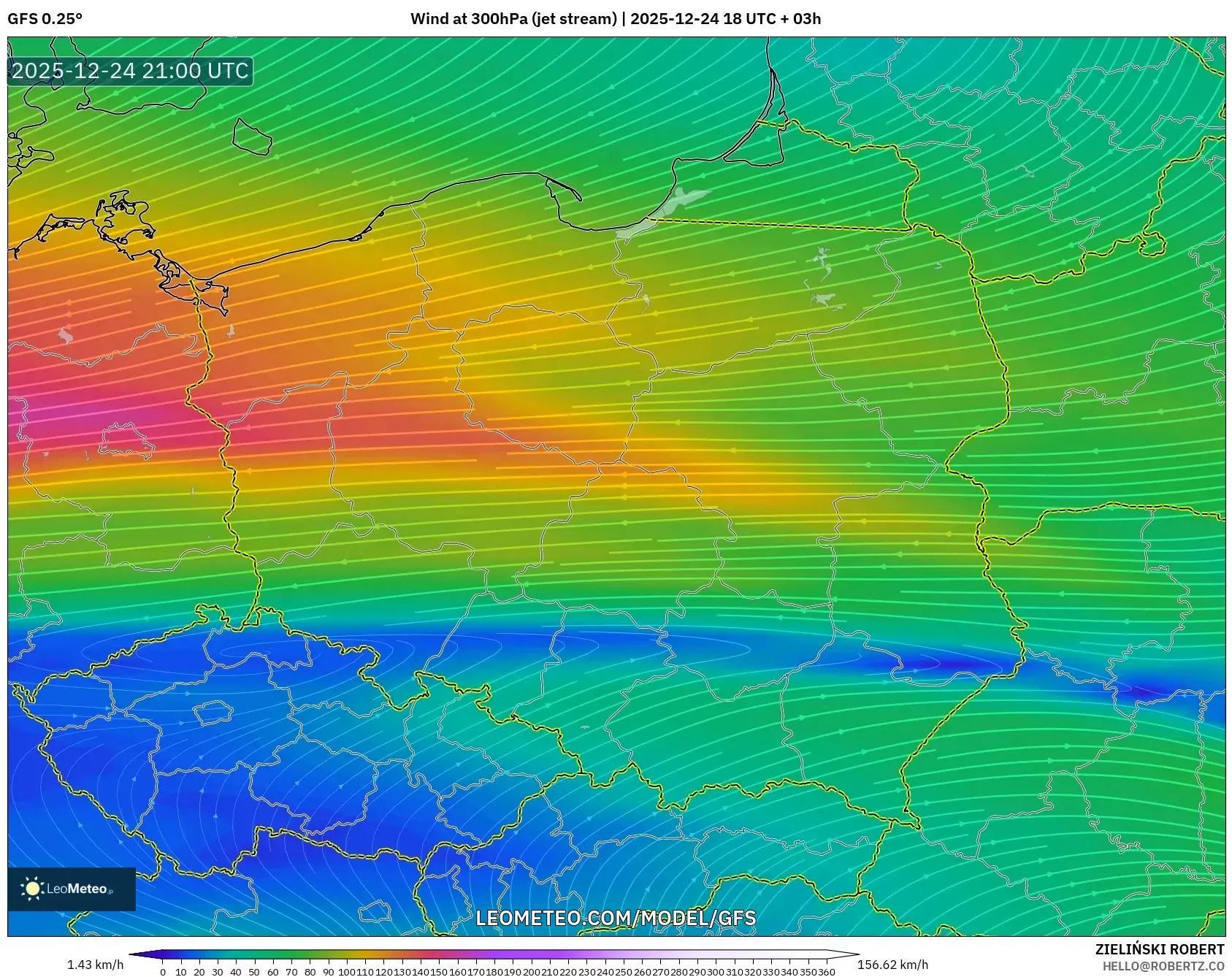 GFS model - Poland, Wind at 300hPa (jet stream)