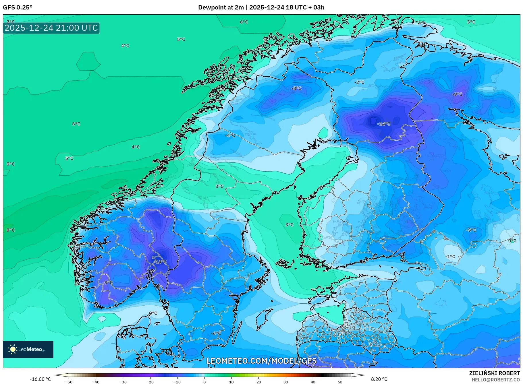 GFS model - Scandinavia, Dewpoint at 2m