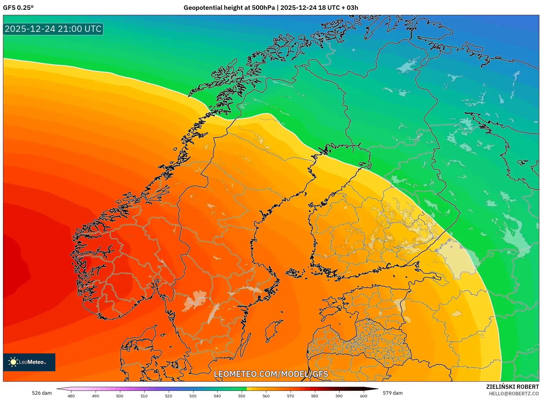 GFS model - Scandinavia, Geopotential height at 500hPa