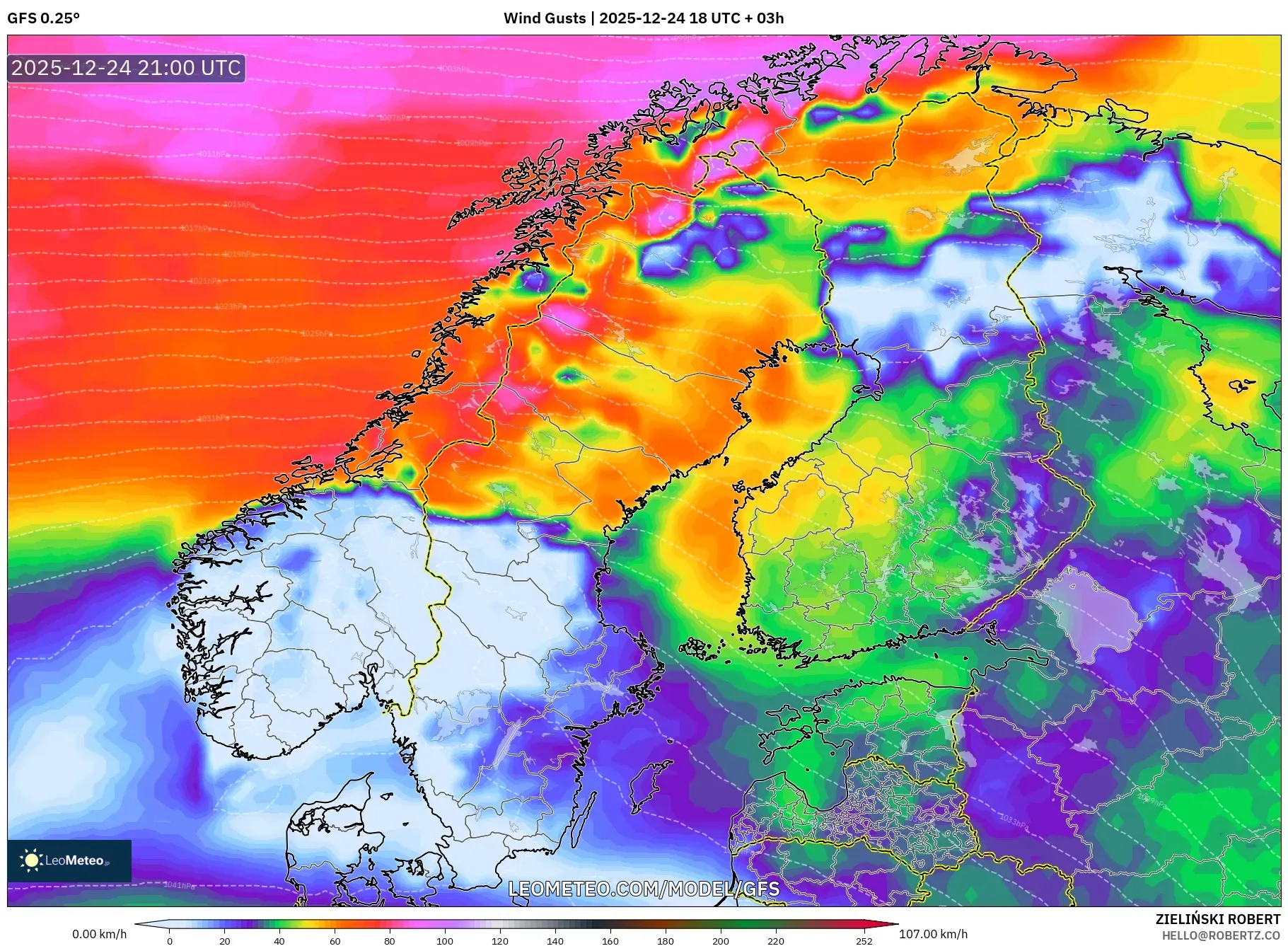 GFS model - Scandinavia, Wind Gusts