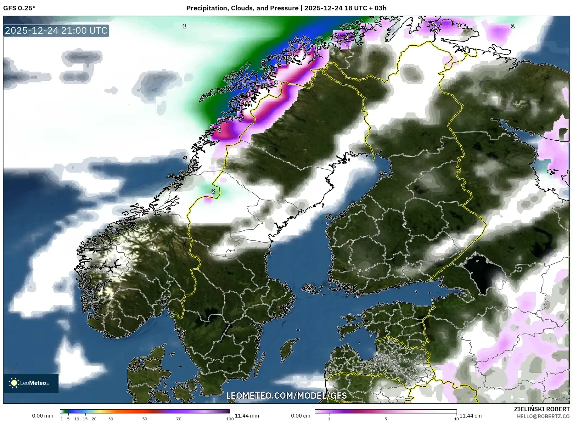 GFS model - Scandinavia, Precipitation, Clouds, and Pressure