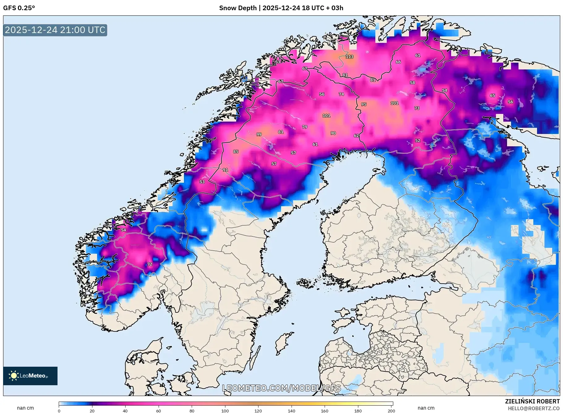 GFS model - Scandinavia, Snow Depth