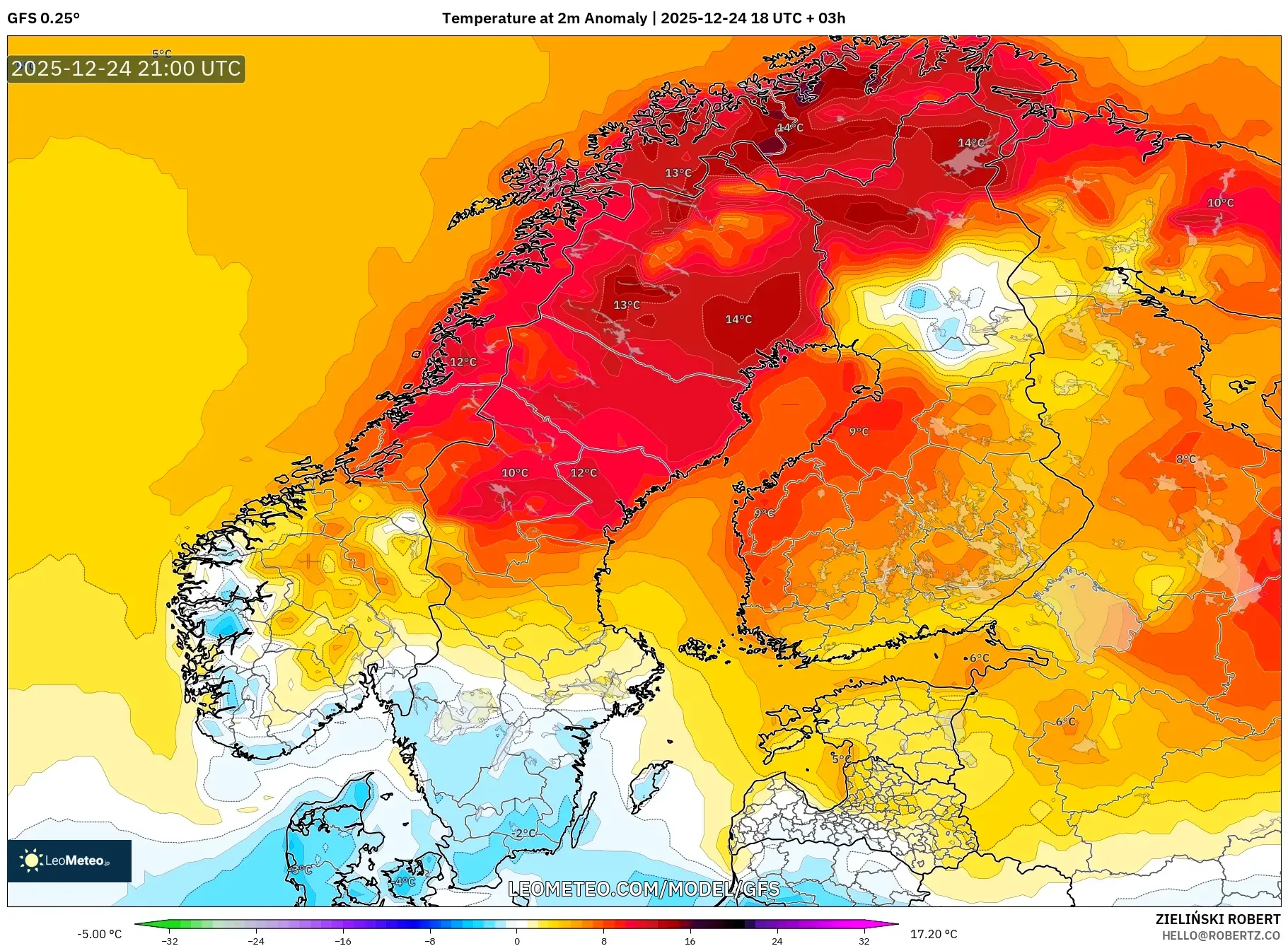 GFS model - Scandinavia, Temperature at 2m Anomaly