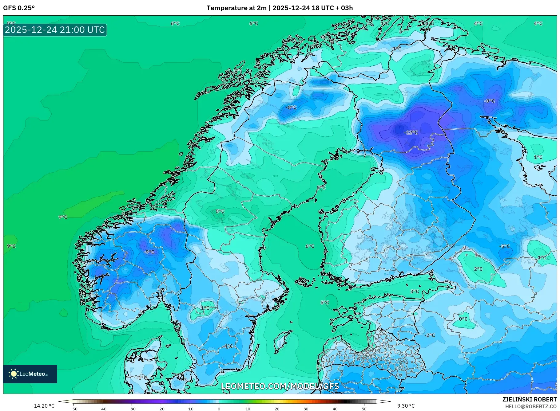 GFS model - Scandinavia, Temperature at 2m