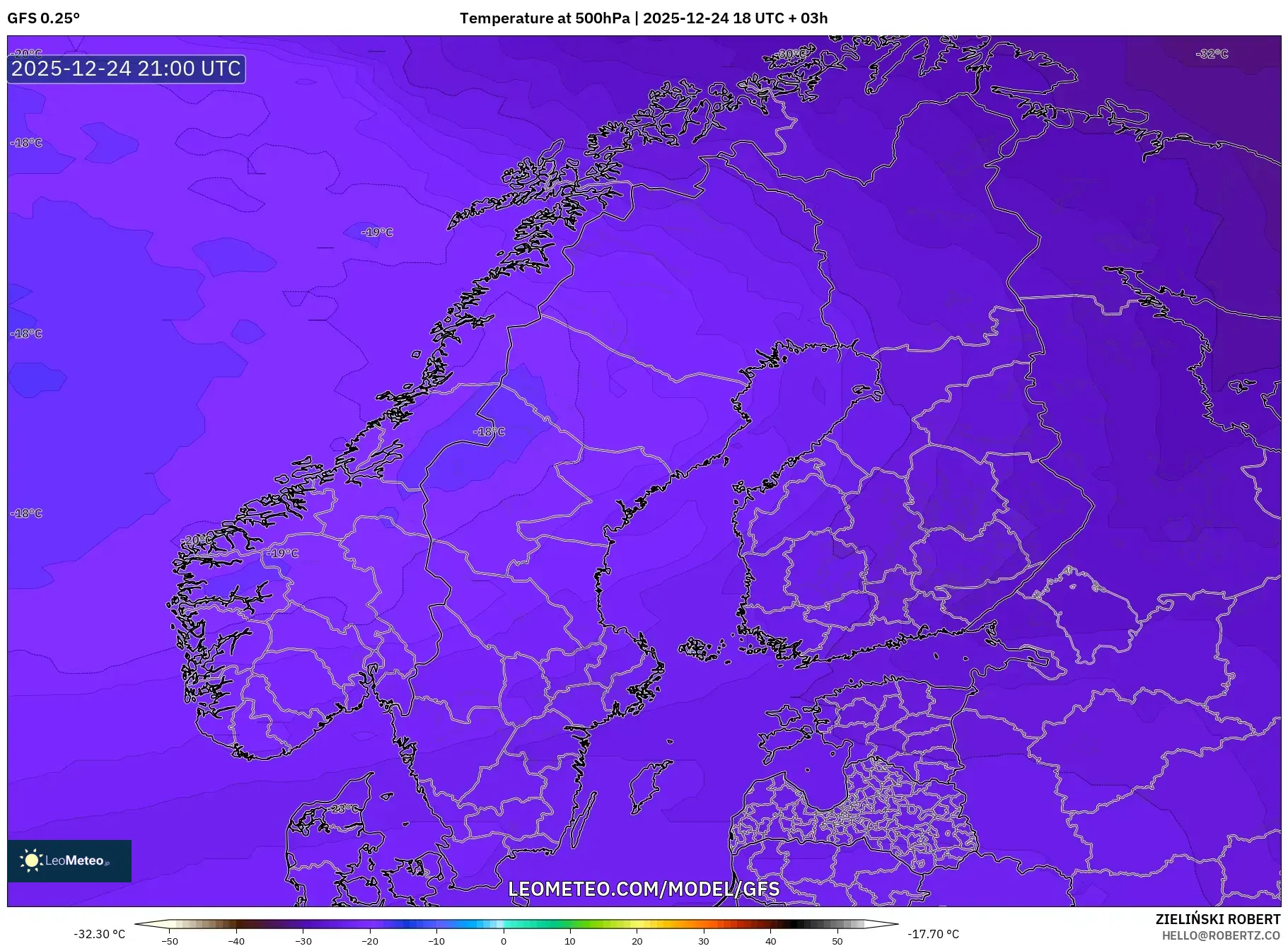 GFS model - Scandinavia, Temperature at 500hPa