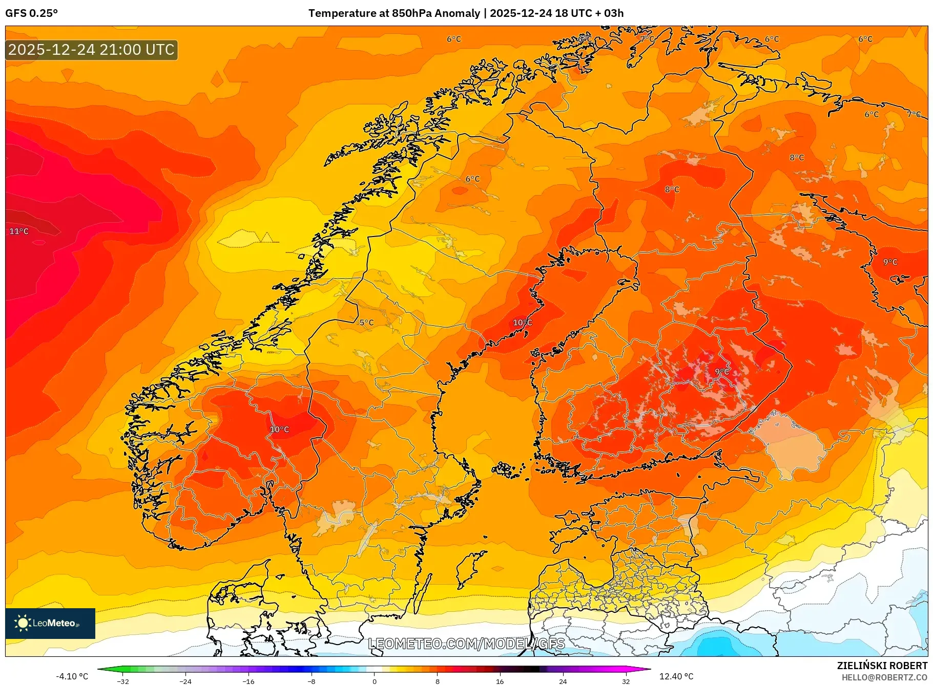 GFS model - Scandinavia, Temperature at 850hPa Anomaly