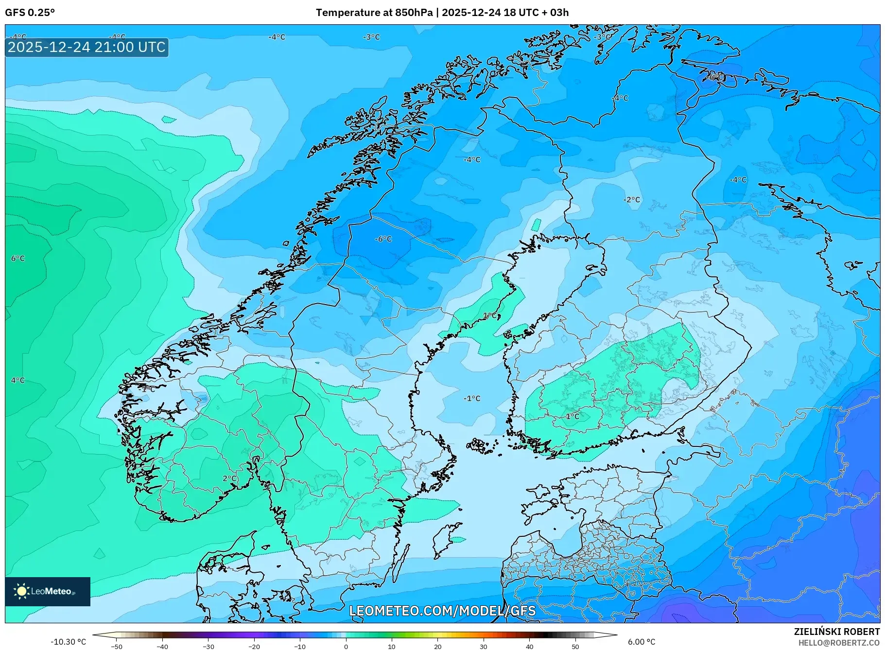 GFS model - Scandinavia, Temperature at 850hPa