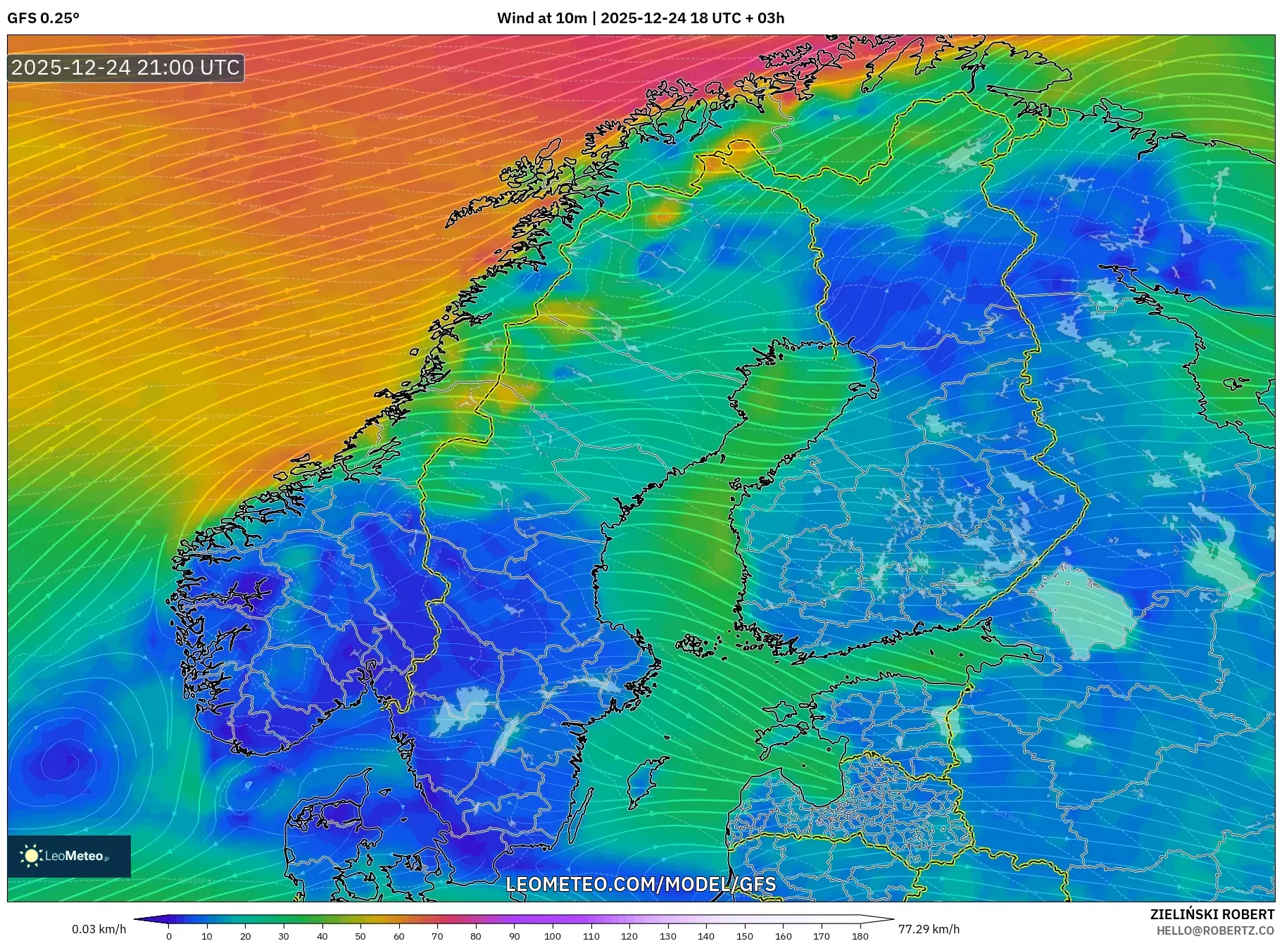 GFS model - Scandinavia, Wind at 10m