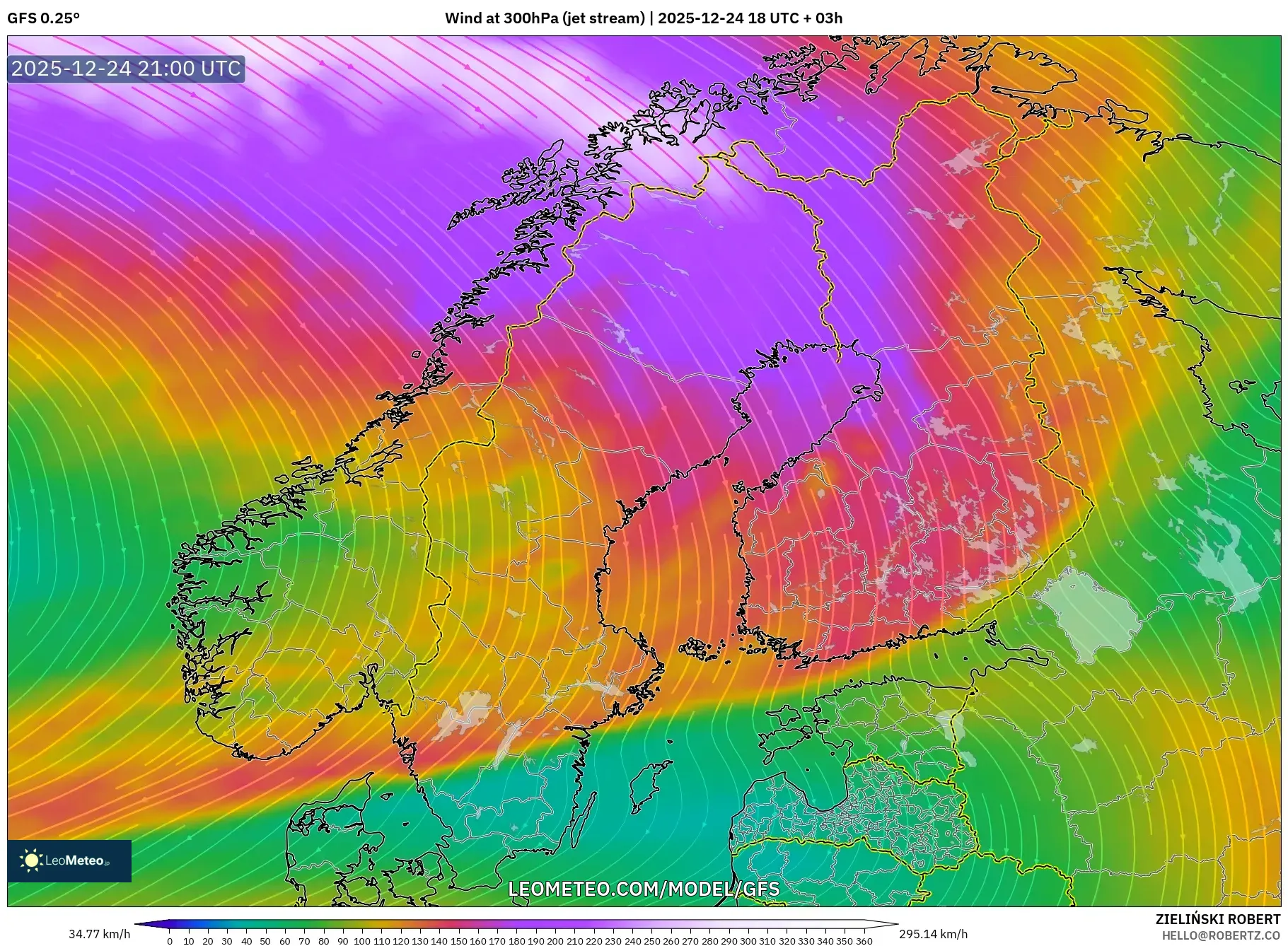 GFS model - Scandinavia, Wind at 300hPa (jet stream)