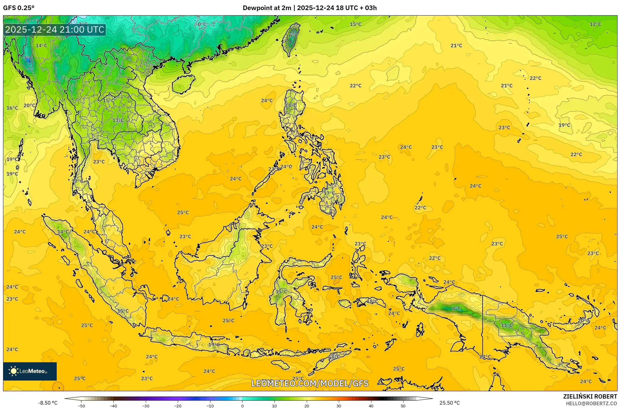 GFS model - South East Asia, Dewpoint at 2m