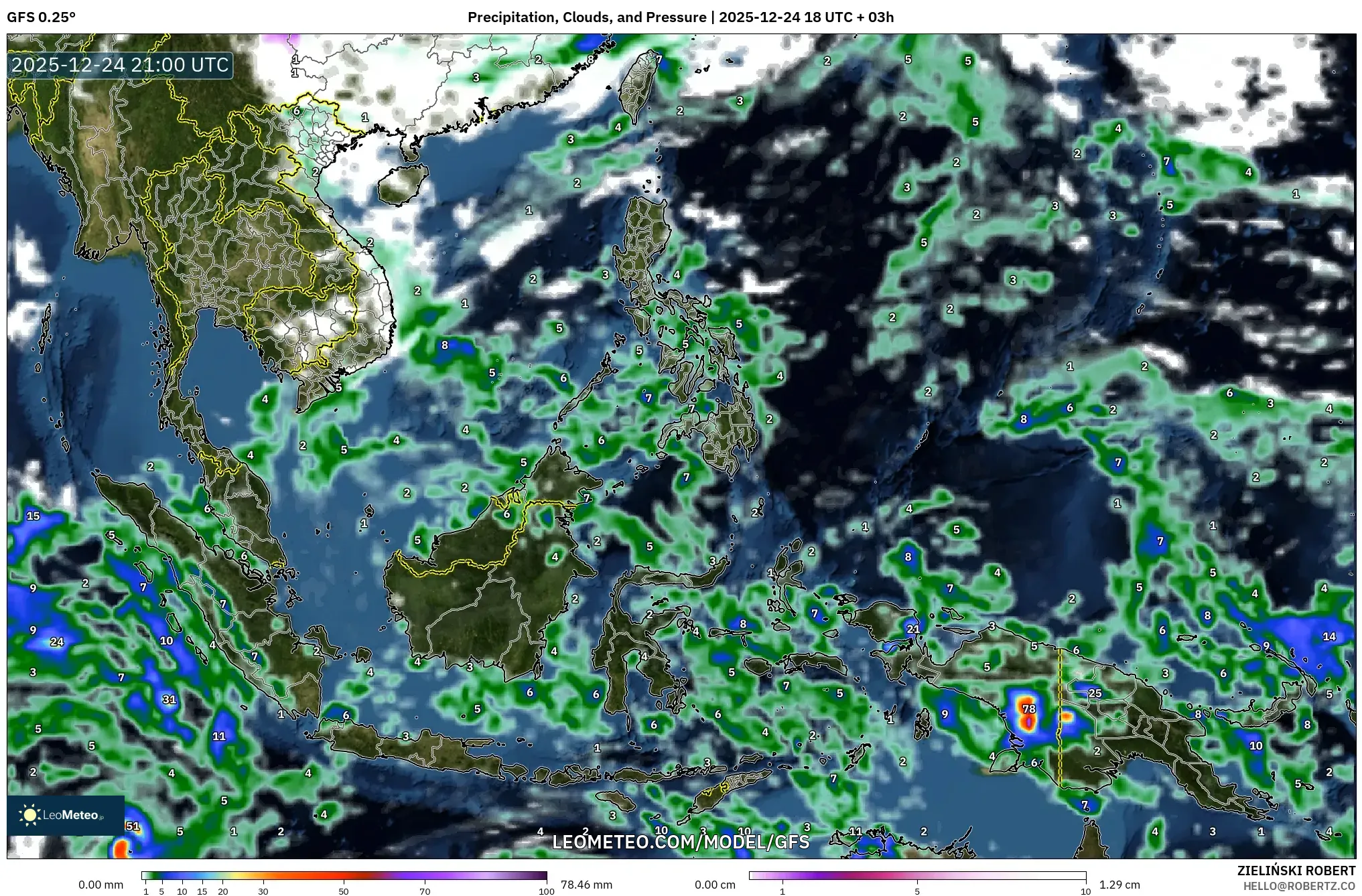 GFS model - South East Asia, Precipitation, Clouds, and Pressure