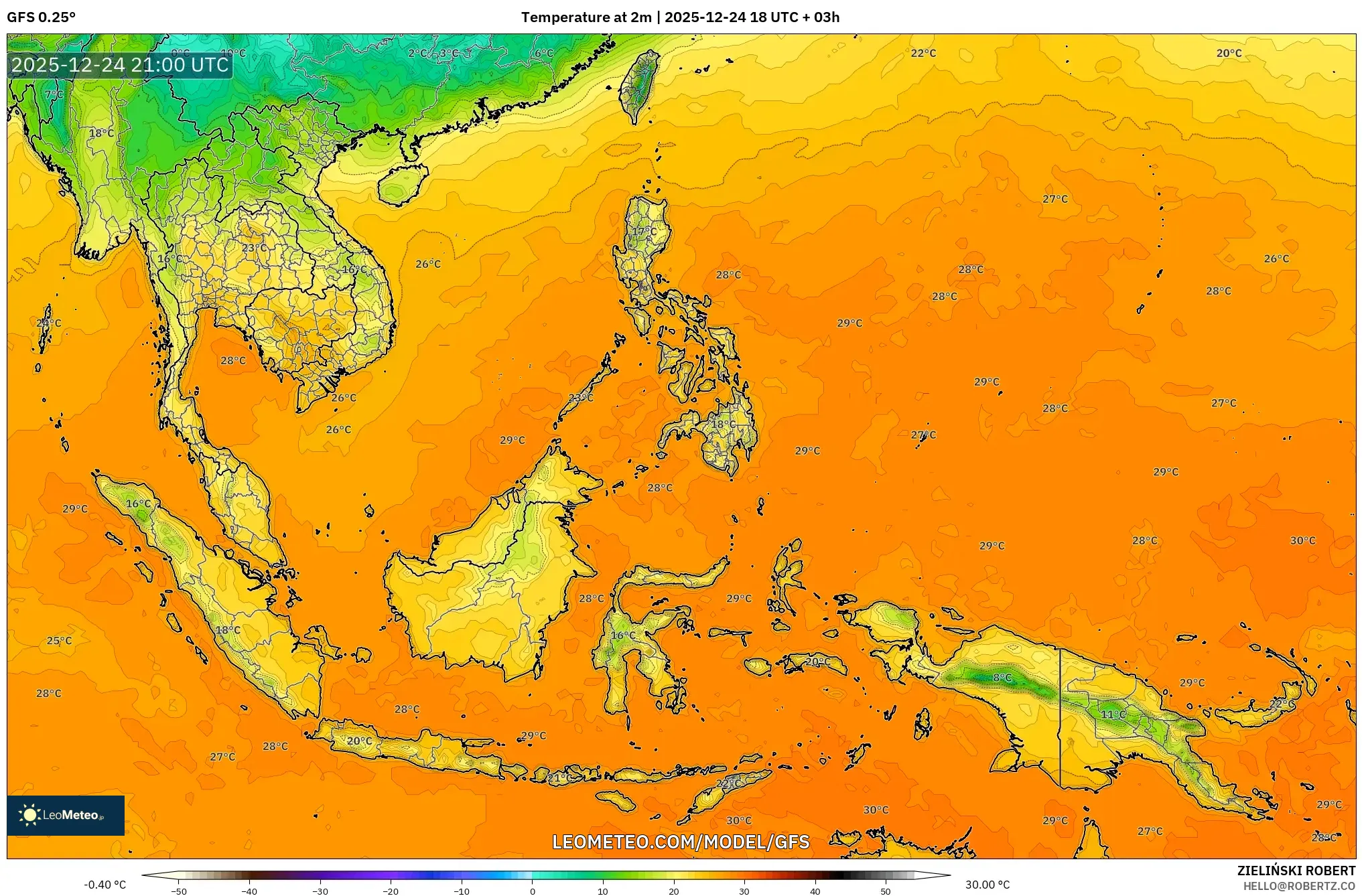 GFS model - South East Asia, Temperature at 2m
