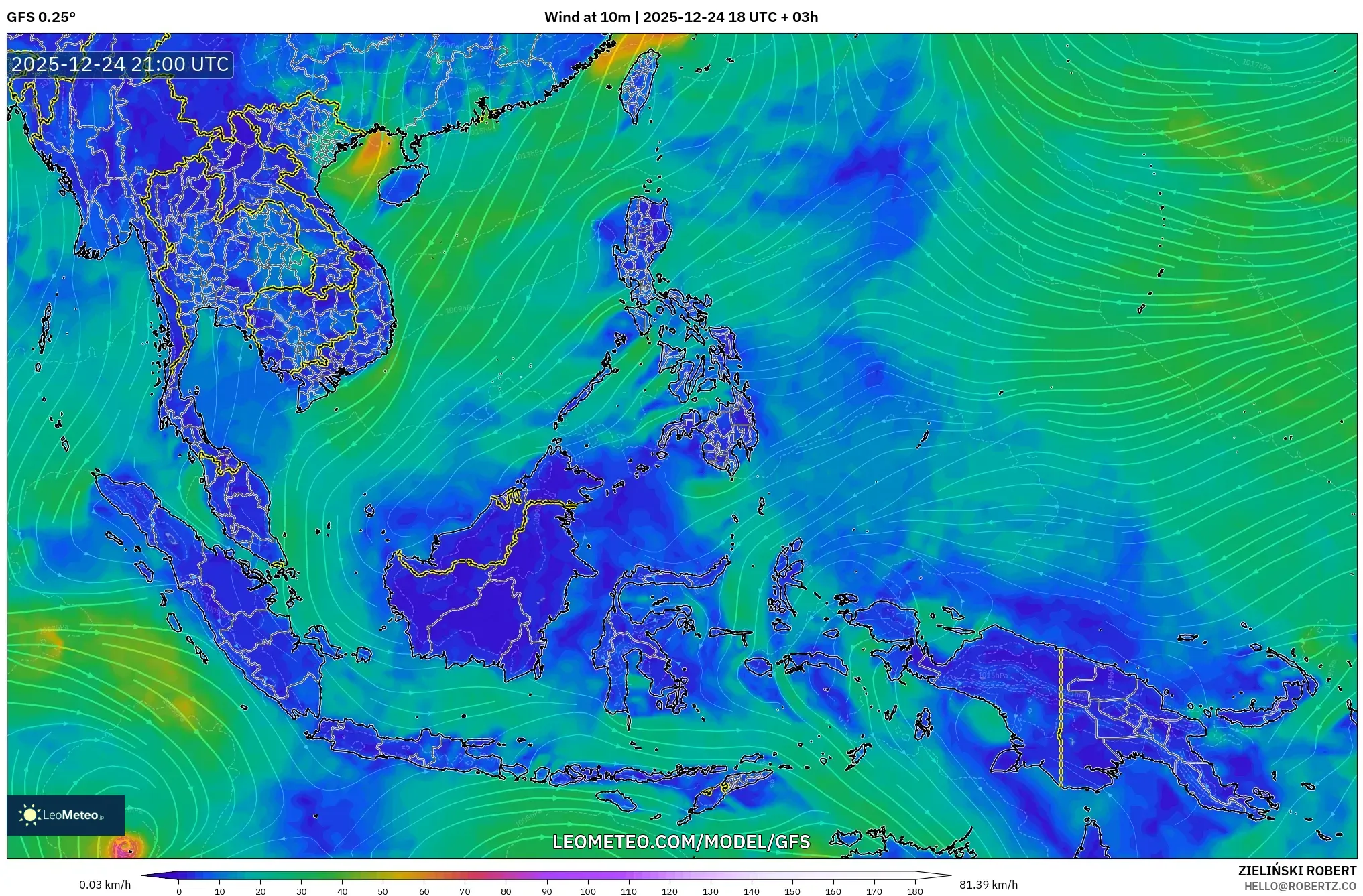 GFS model - South East Asia, Wind at 10m