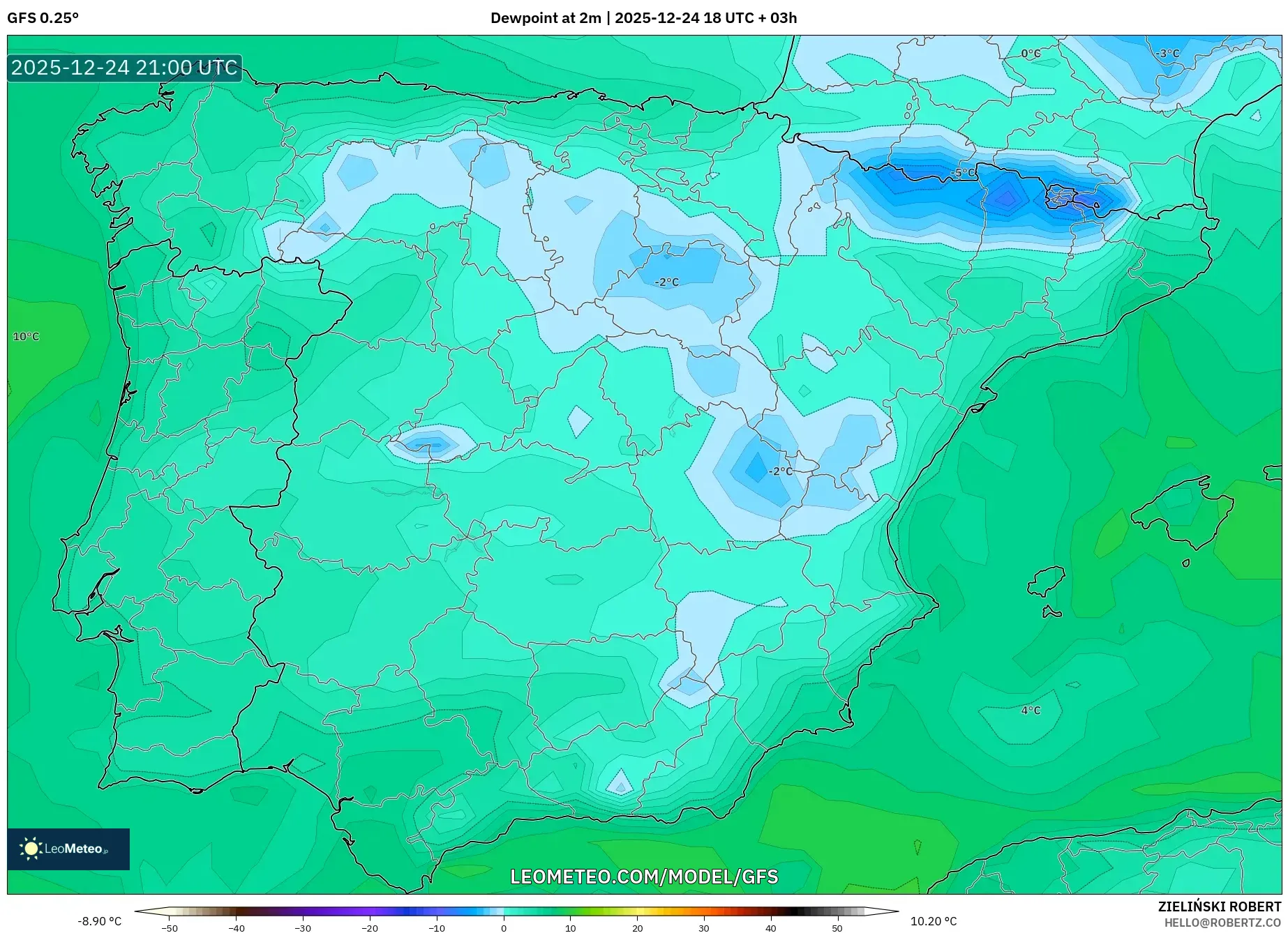 GFS model - Spain, Dewpoint at 2m