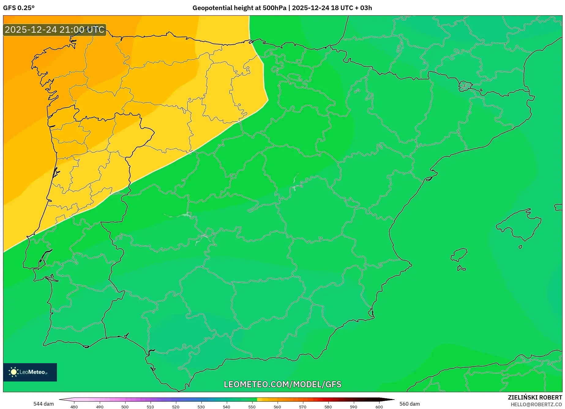 GFS model - Spain, Geopotential height at 500hPa