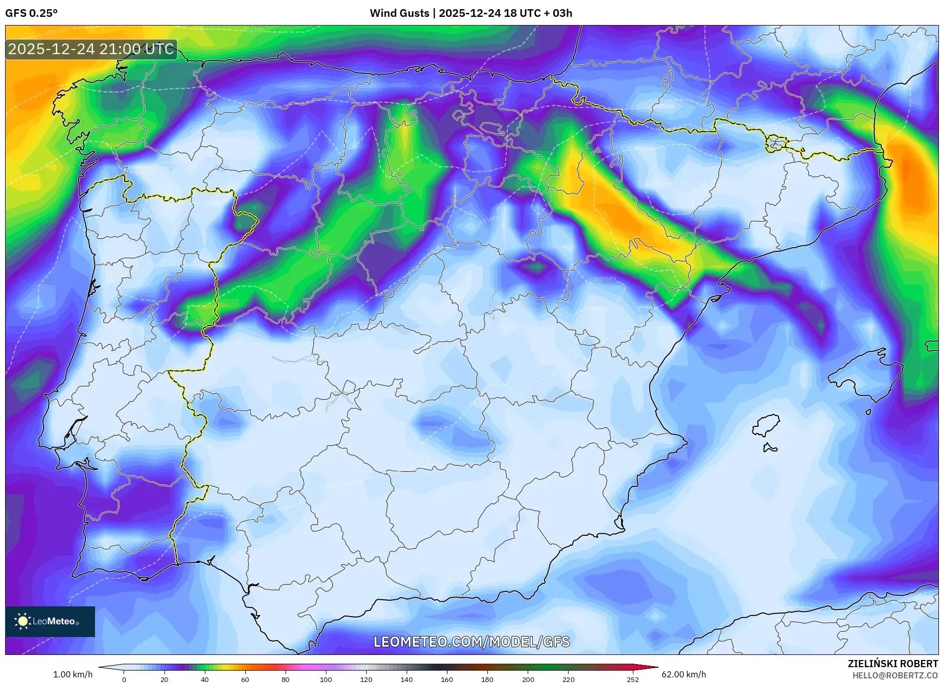 GFS model - Spain, Wind Gusts