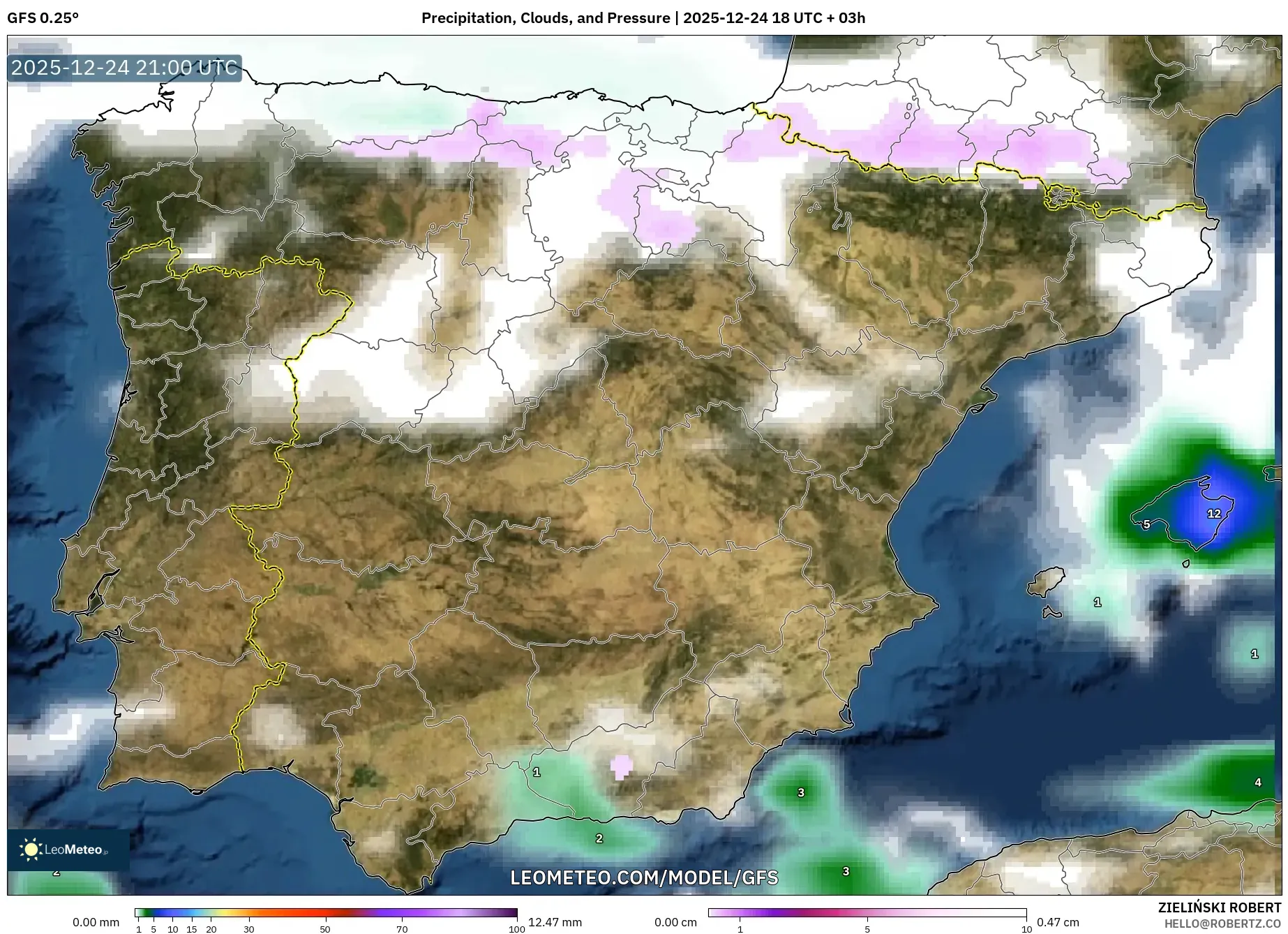 GFS model - Spain, Precipitation, Clouds, and Pressure