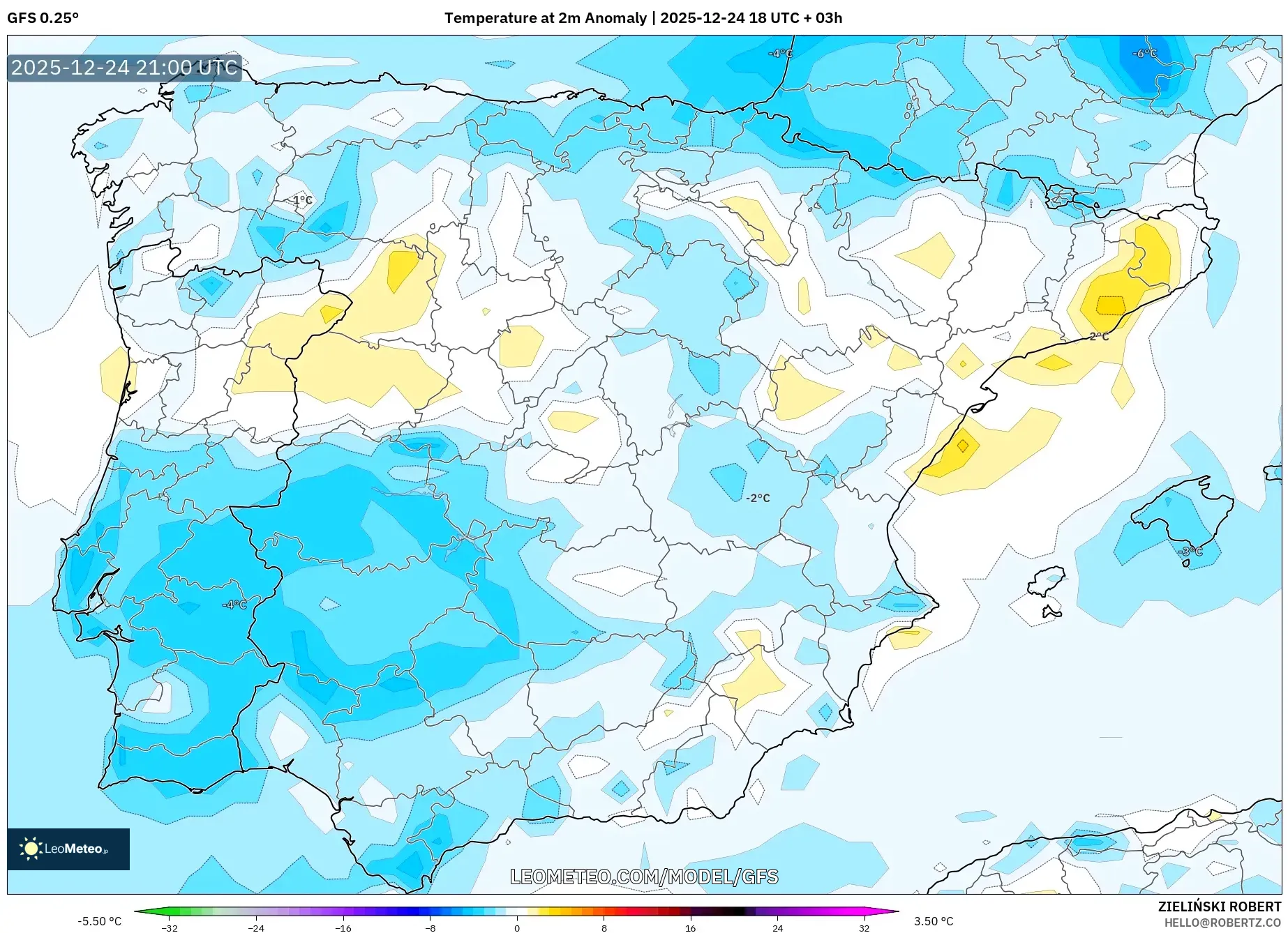 GFS model - Spain, Temperature at 2m Anomaly