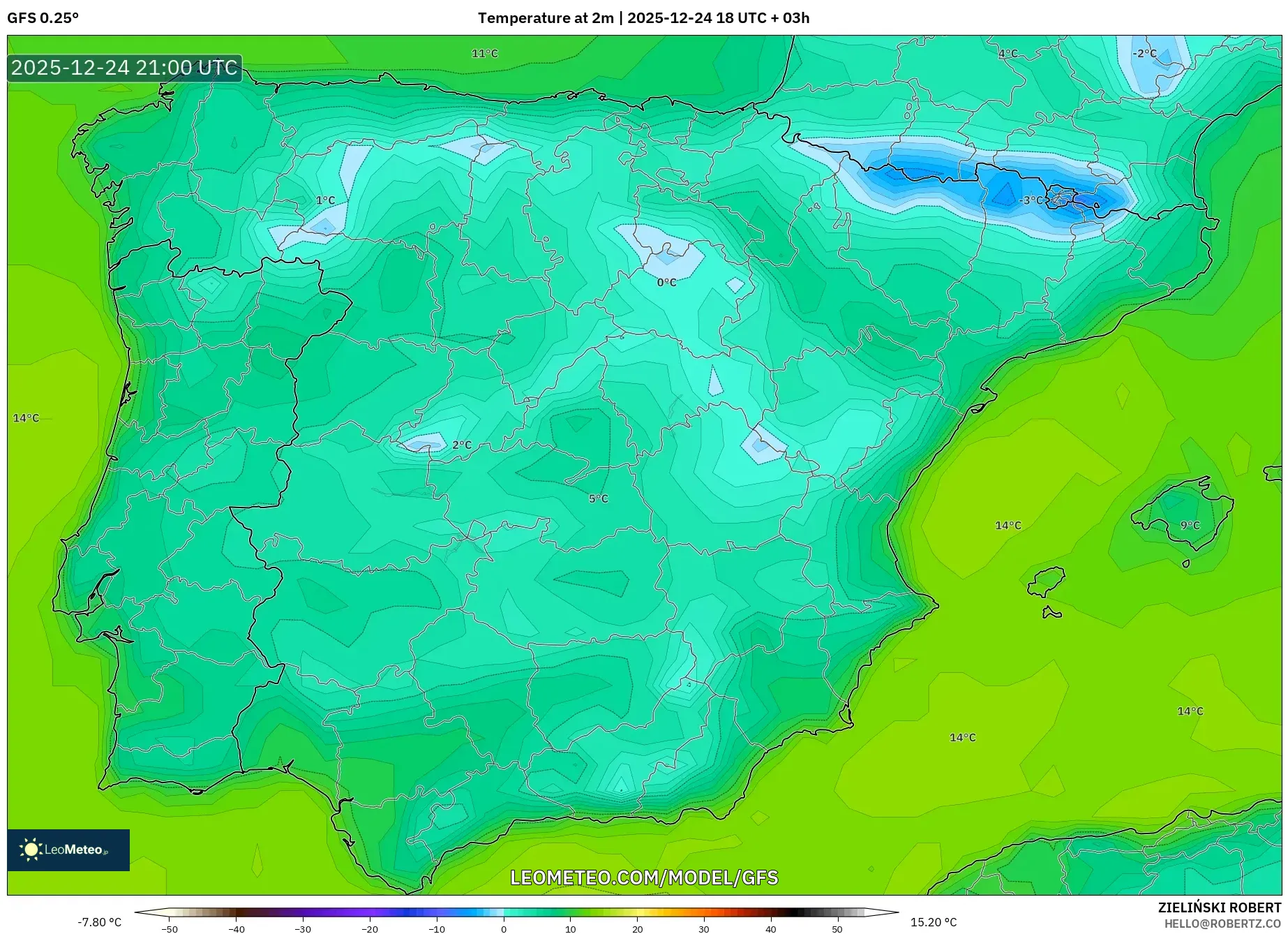 GFS model - Spain, Temperature at 2m