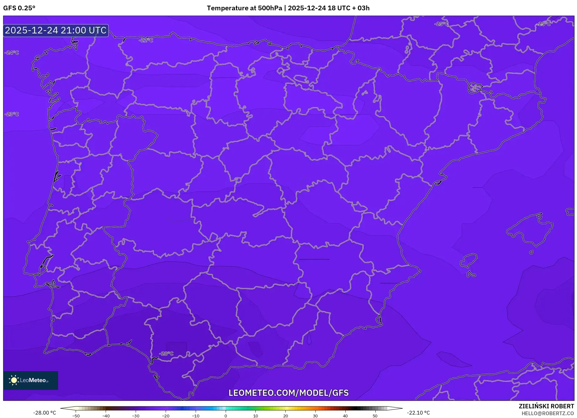 GFS model - Spain, Temperature at 500hPa