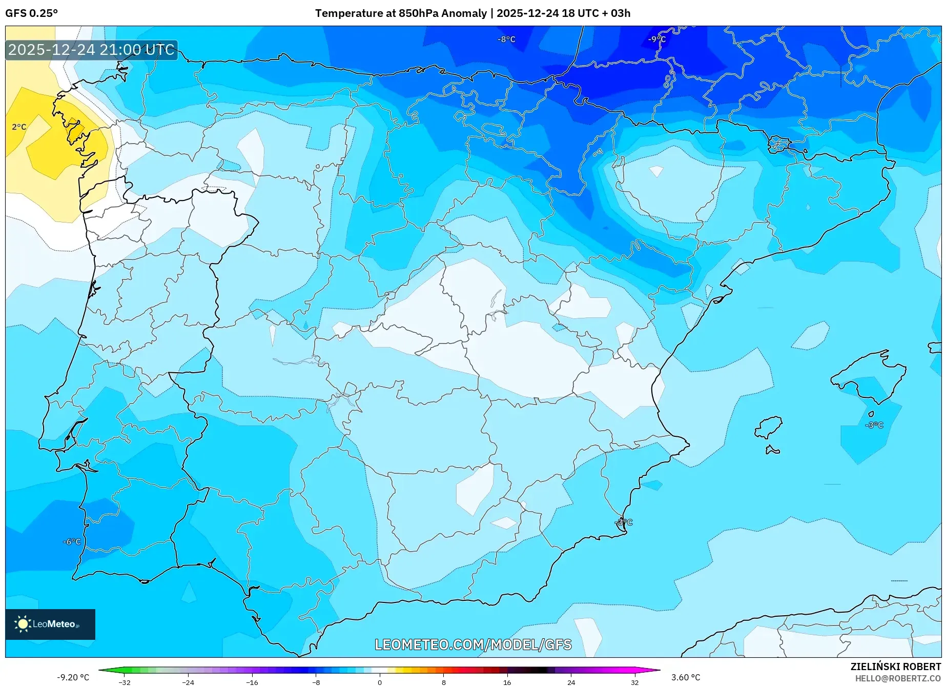 GFS model - Spain, Temperature at 850hPa Anomaly