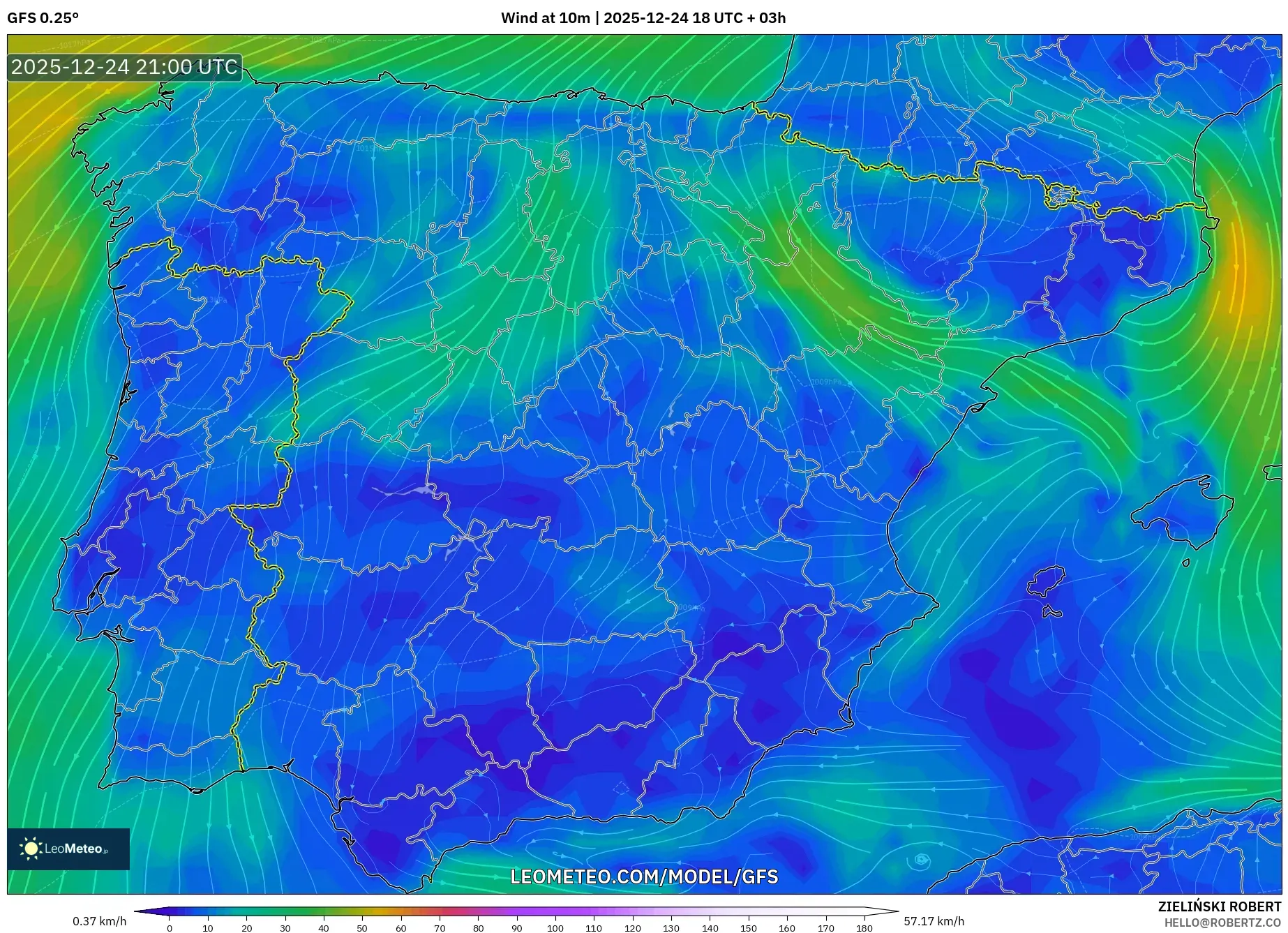 GFS model - Spain, Wind at 10m