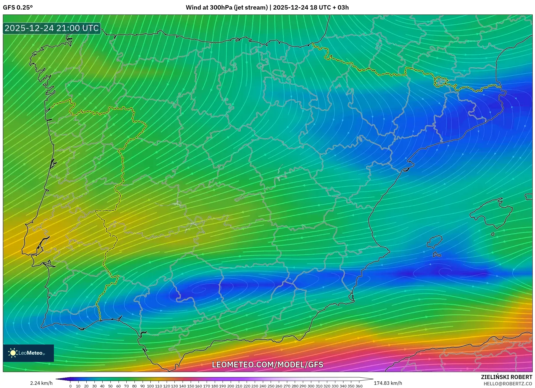 GFS model - Spain, Wind at 300hPa (jet stream)