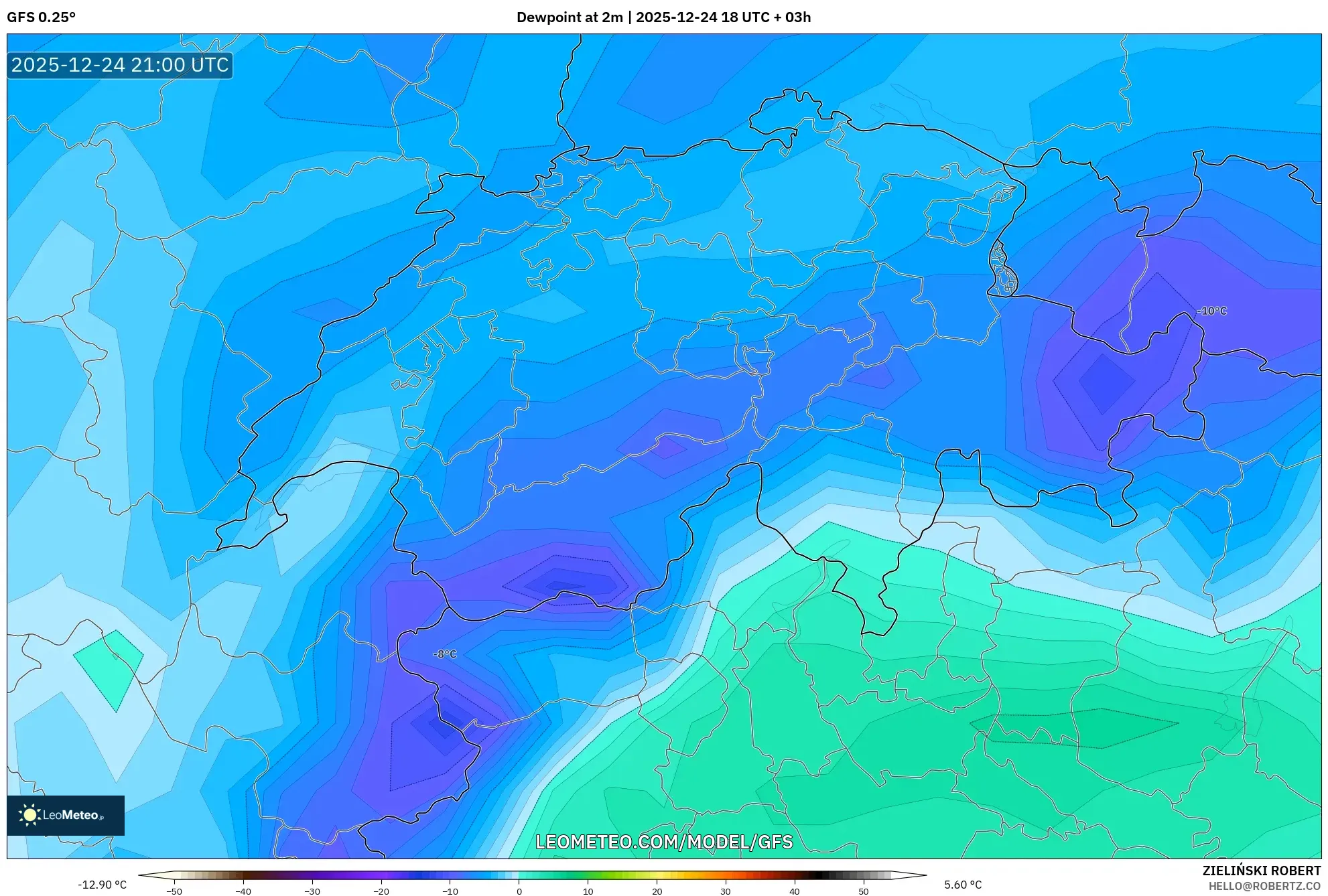 GFS model - Switzerland, Dewpoint at 2m