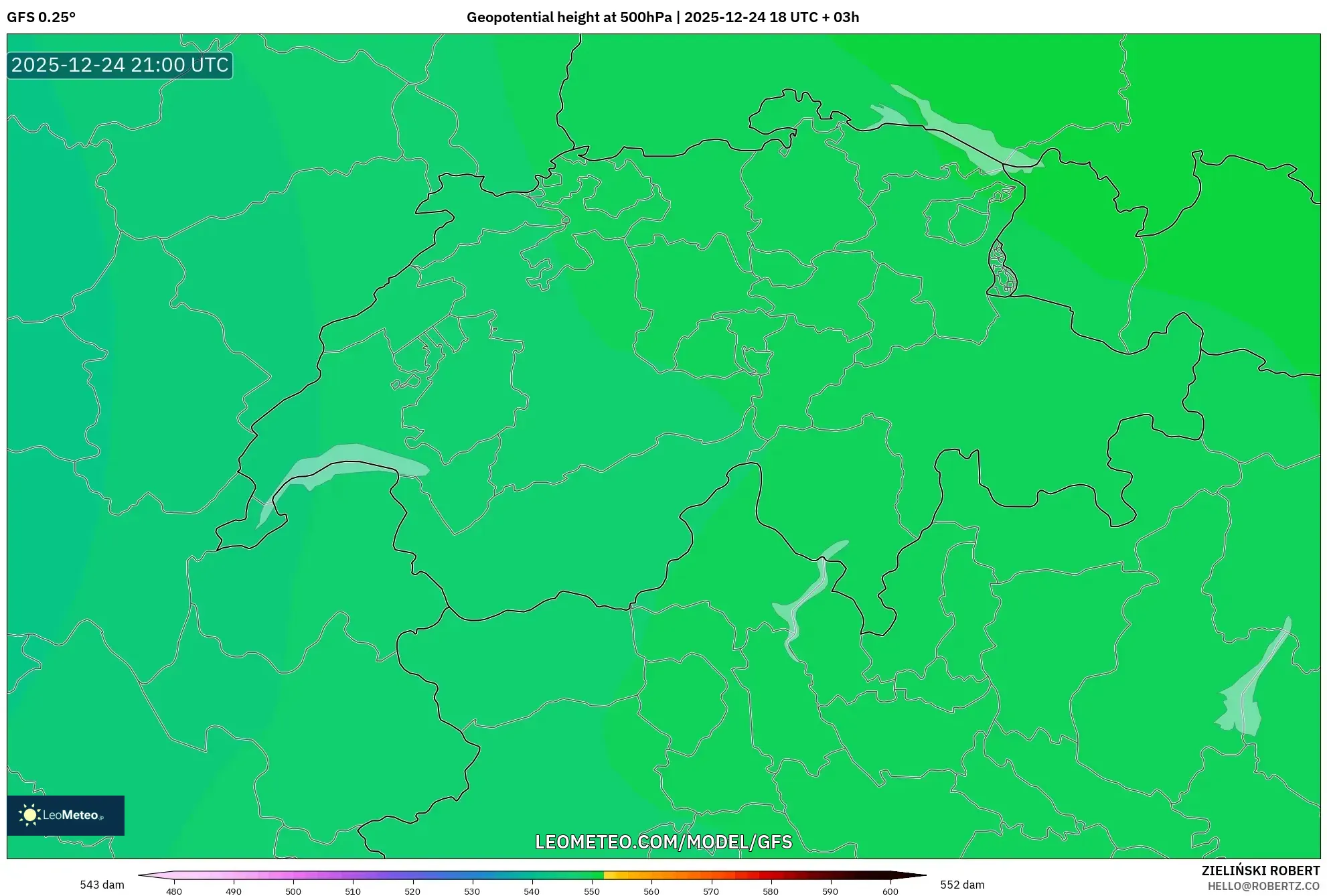 GFS model - Switzerland, Geopotential height at 500hPa
