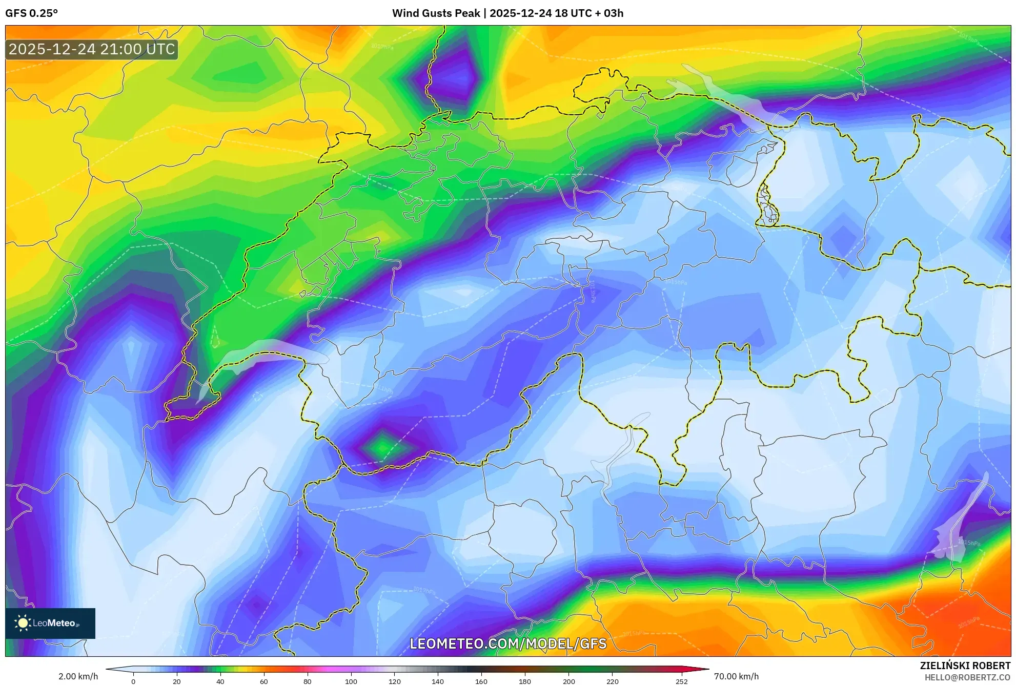 GFS model - Switzerland, Wind Gusts Peak