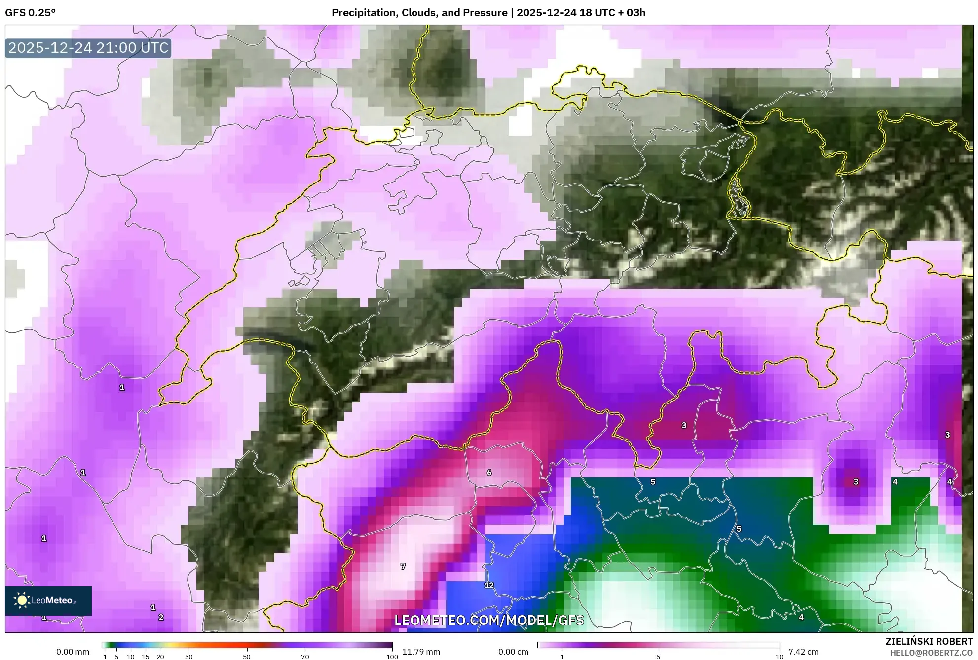 GFS model - Switzerland, Precipitation, Clouds, and Pressure
