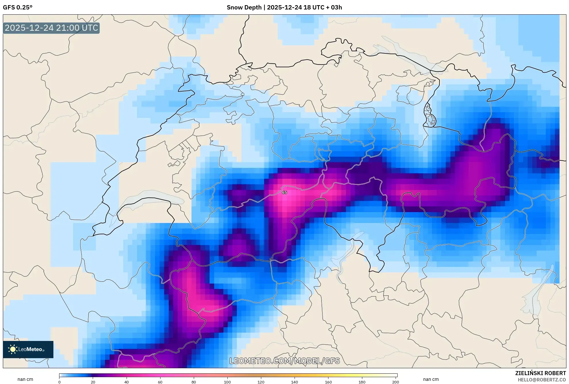 GFS model - Switzerland, Snow Depth