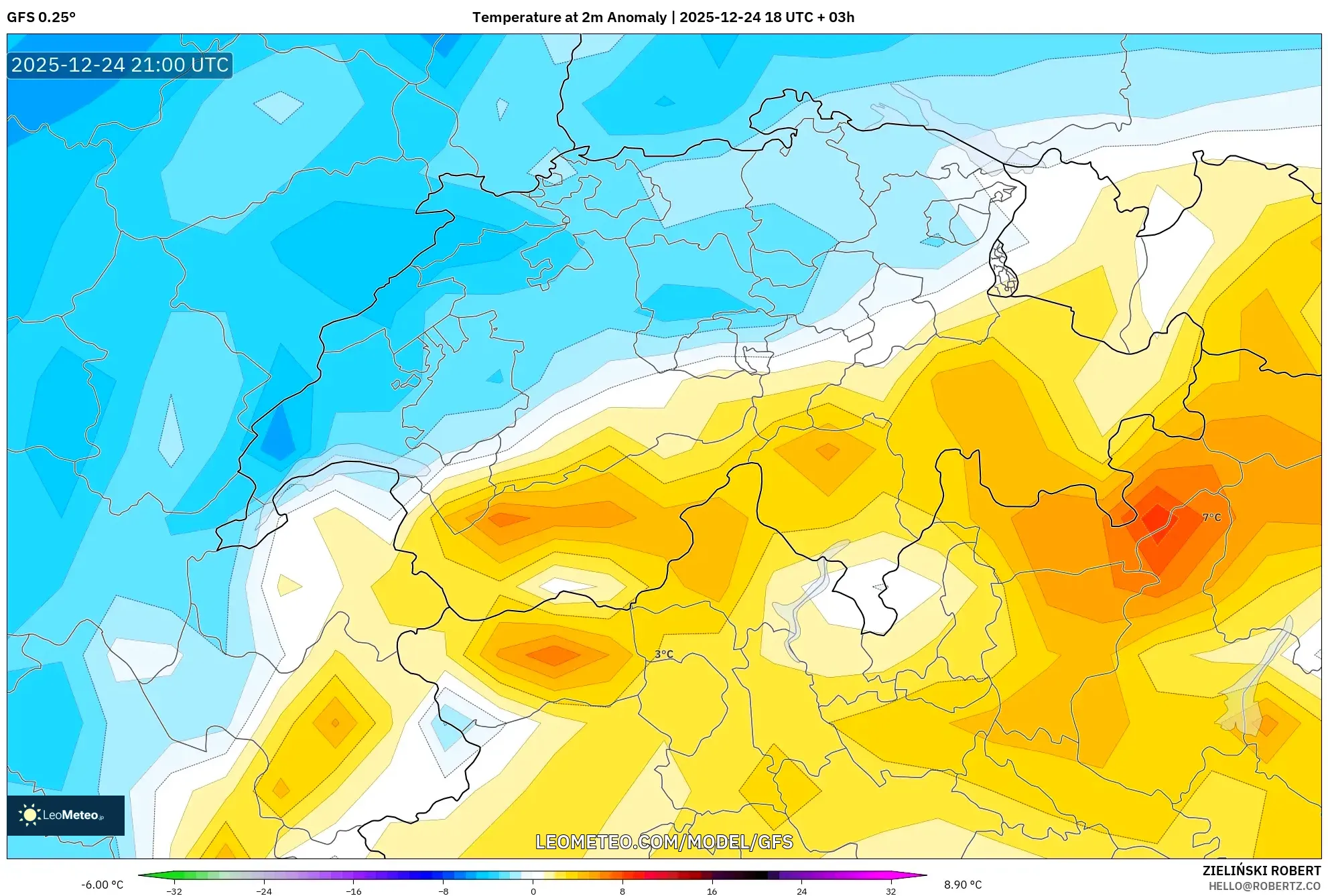 GFS model - Switzerland, Temperature at 2m Anomaly