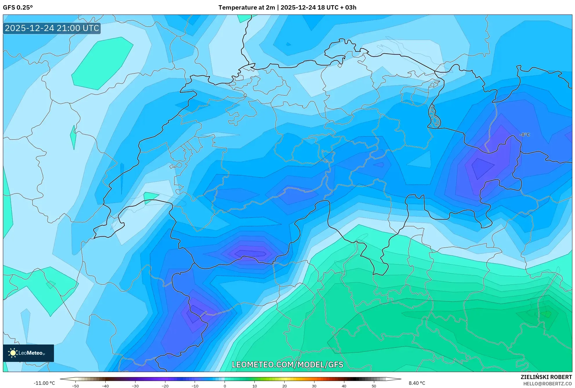 GFS model - Switzerland, Temperature at 2m
