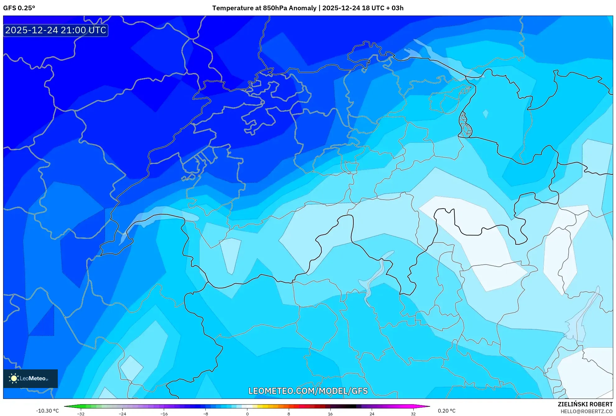 GFS model - Switzerland, Temperature at 850hPa Anomaly