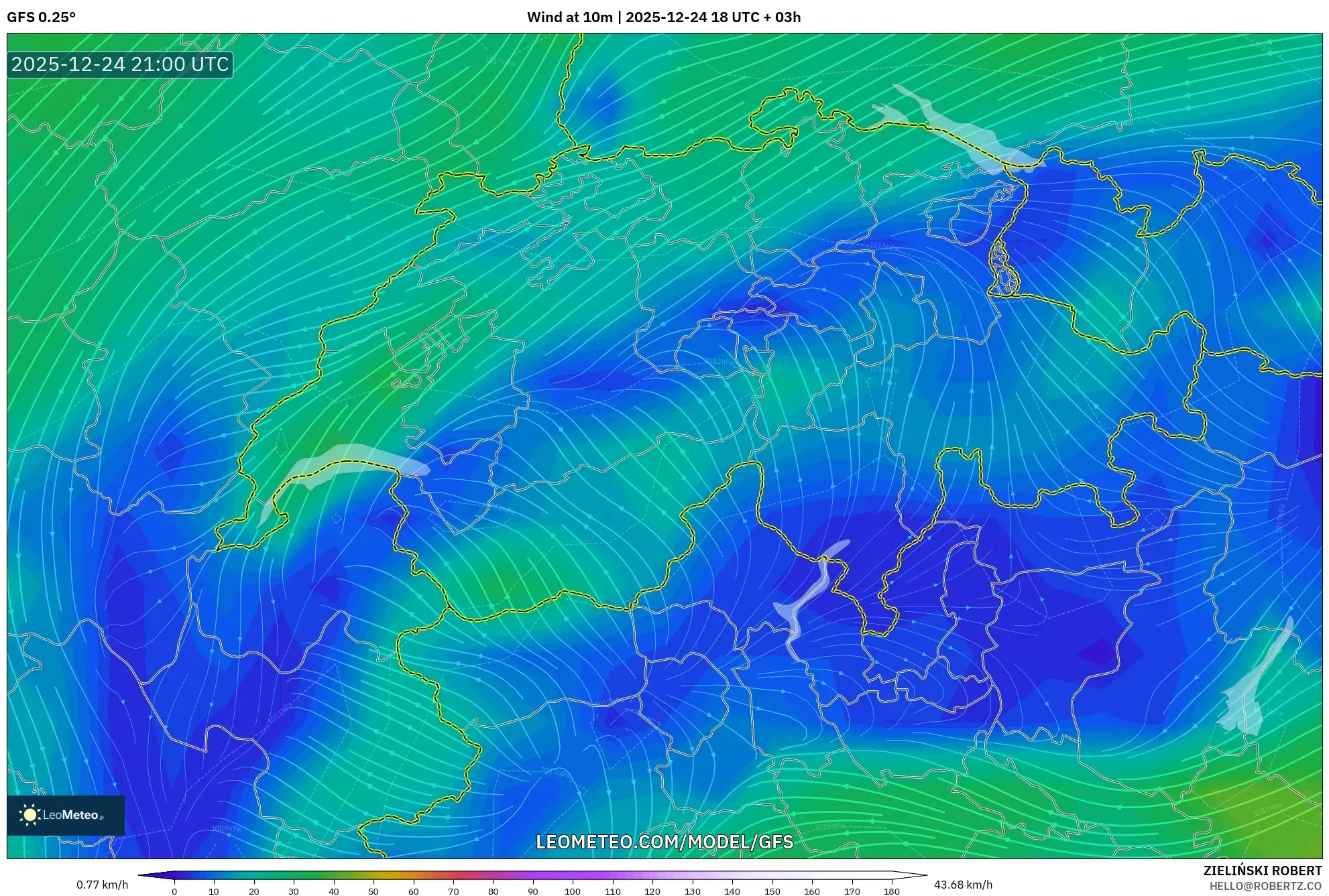GFS model - Switzerland, Wind at 10m