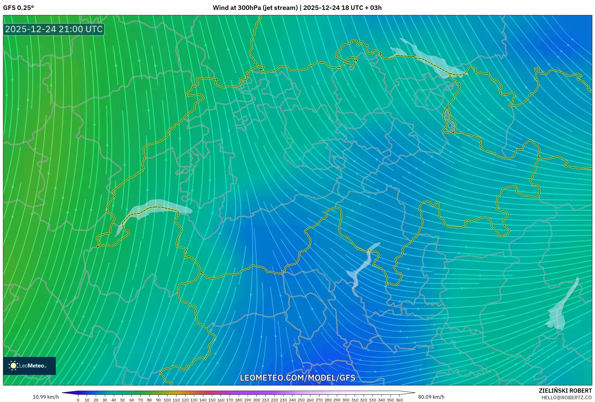 GFS model - Switzerland, Wind at 300hPa (jet stream)