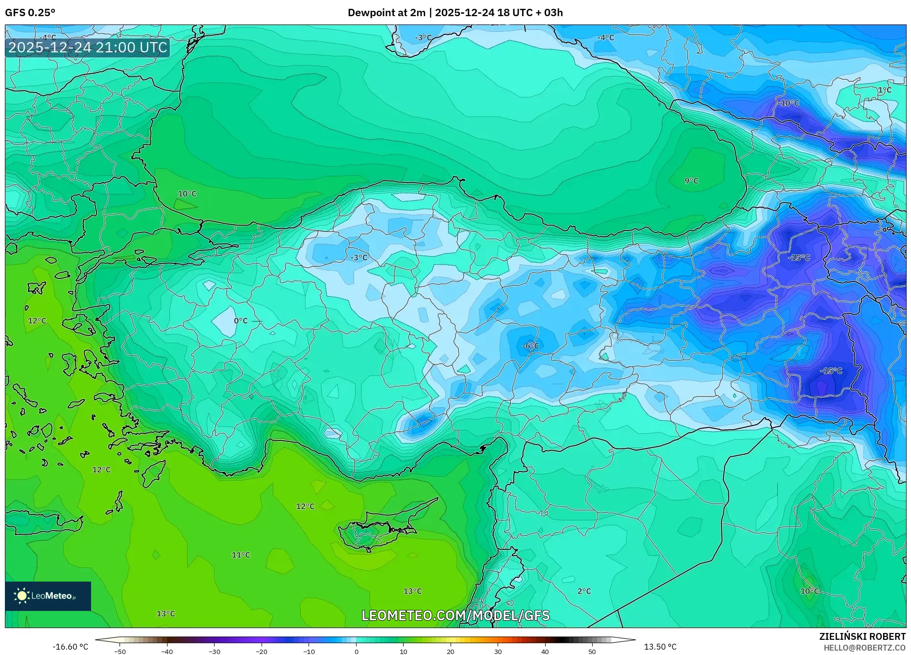 GFS model - Turkey, Dewpoint at 2m