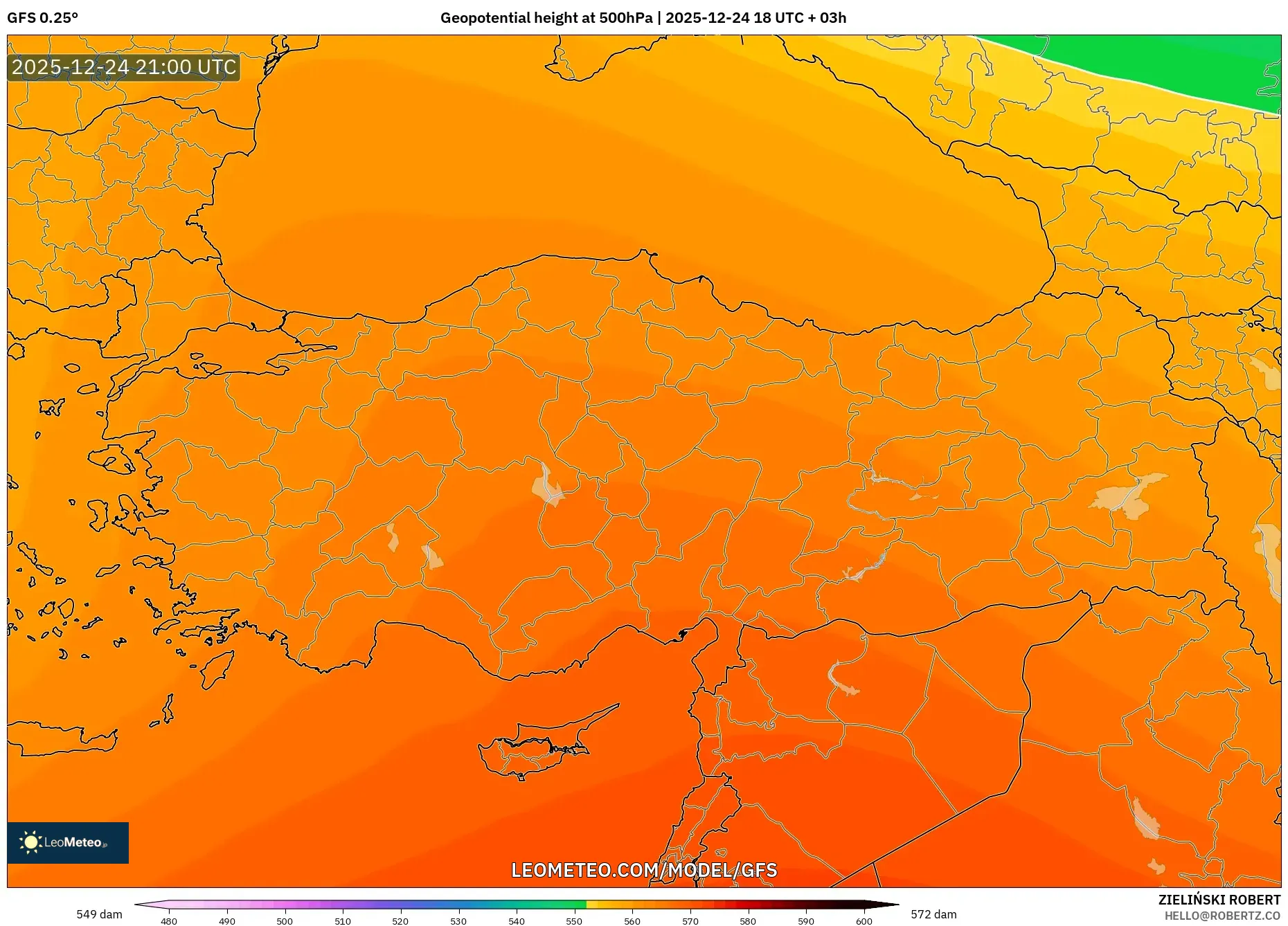 GFS model - Turkey, Geopotential height at 500hPa