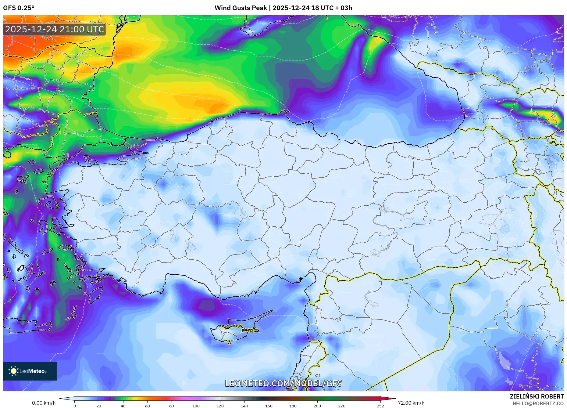 GFS model - Turkey, Wind Gusts Peak