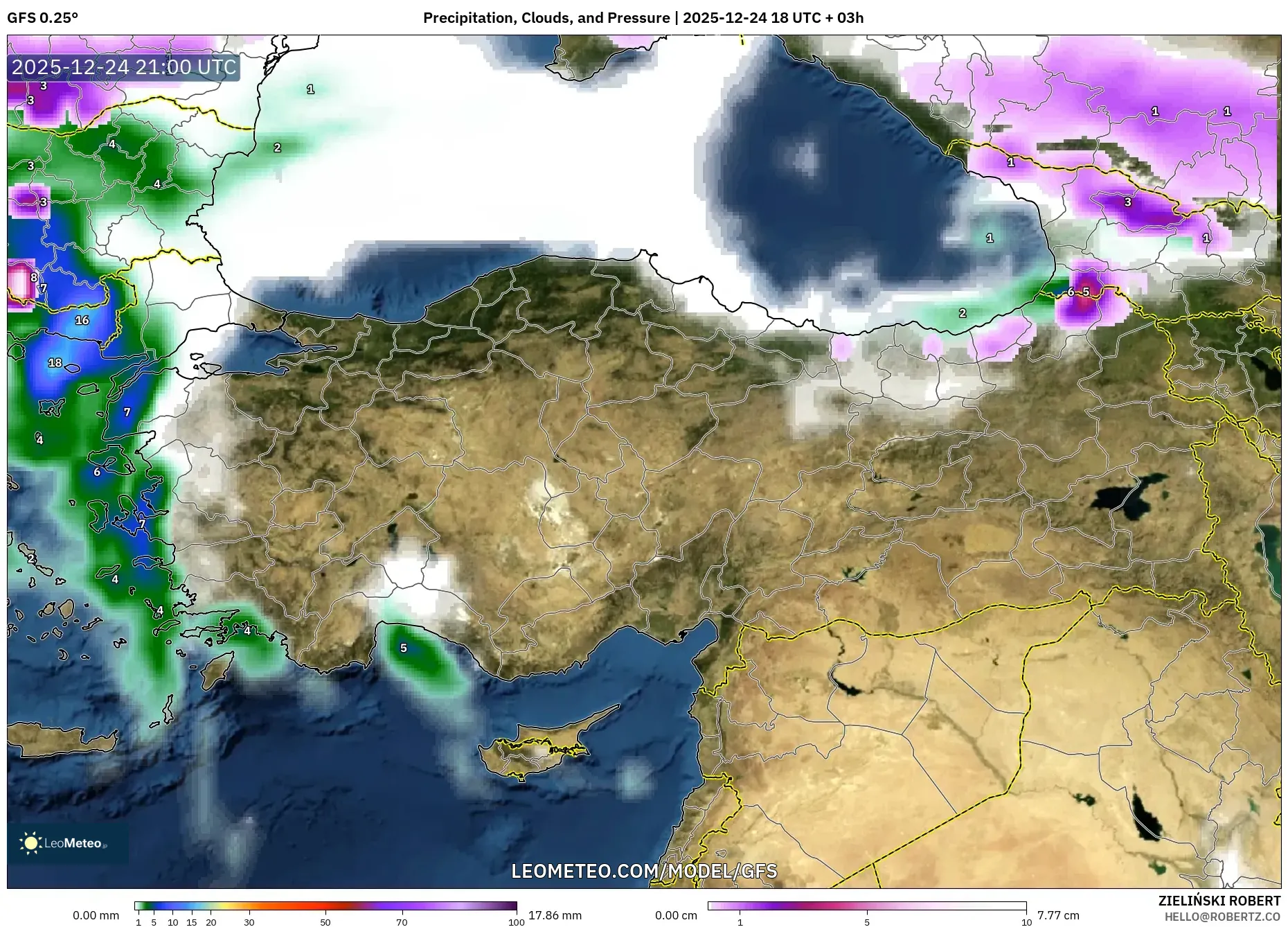GFS model - Turkey, Precipitation, Clouds, and Pressure