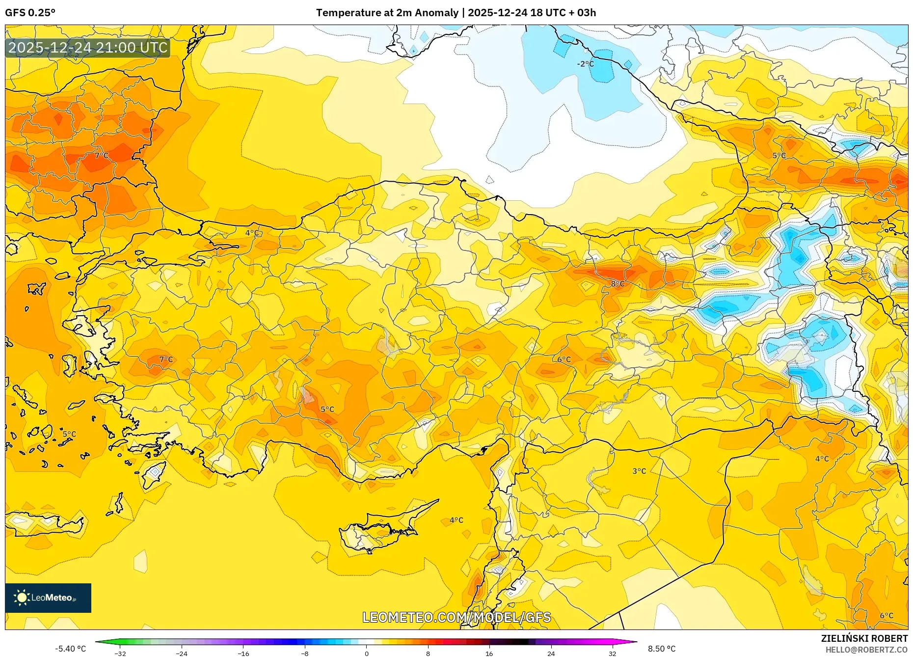 GFS model - Turkey, Temperature at 2m Anomaly