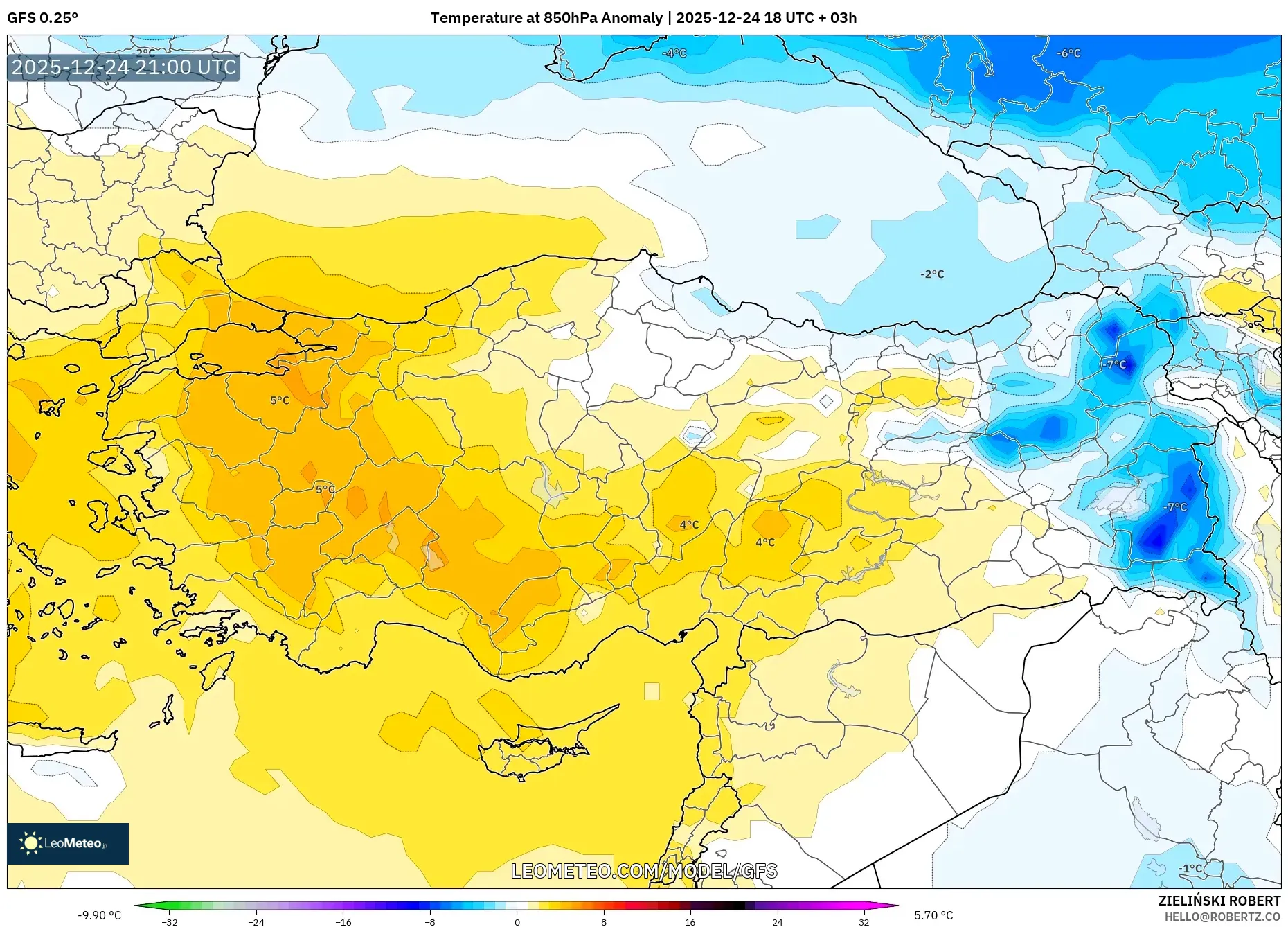 GFS model - Turkey, Temperature at 850hPa Anomaly