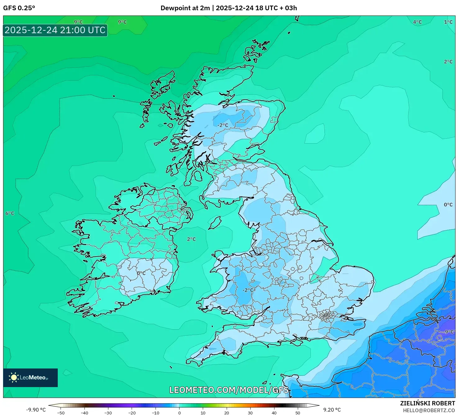 GFS model - United Kingdom, Dewpoint at 2m