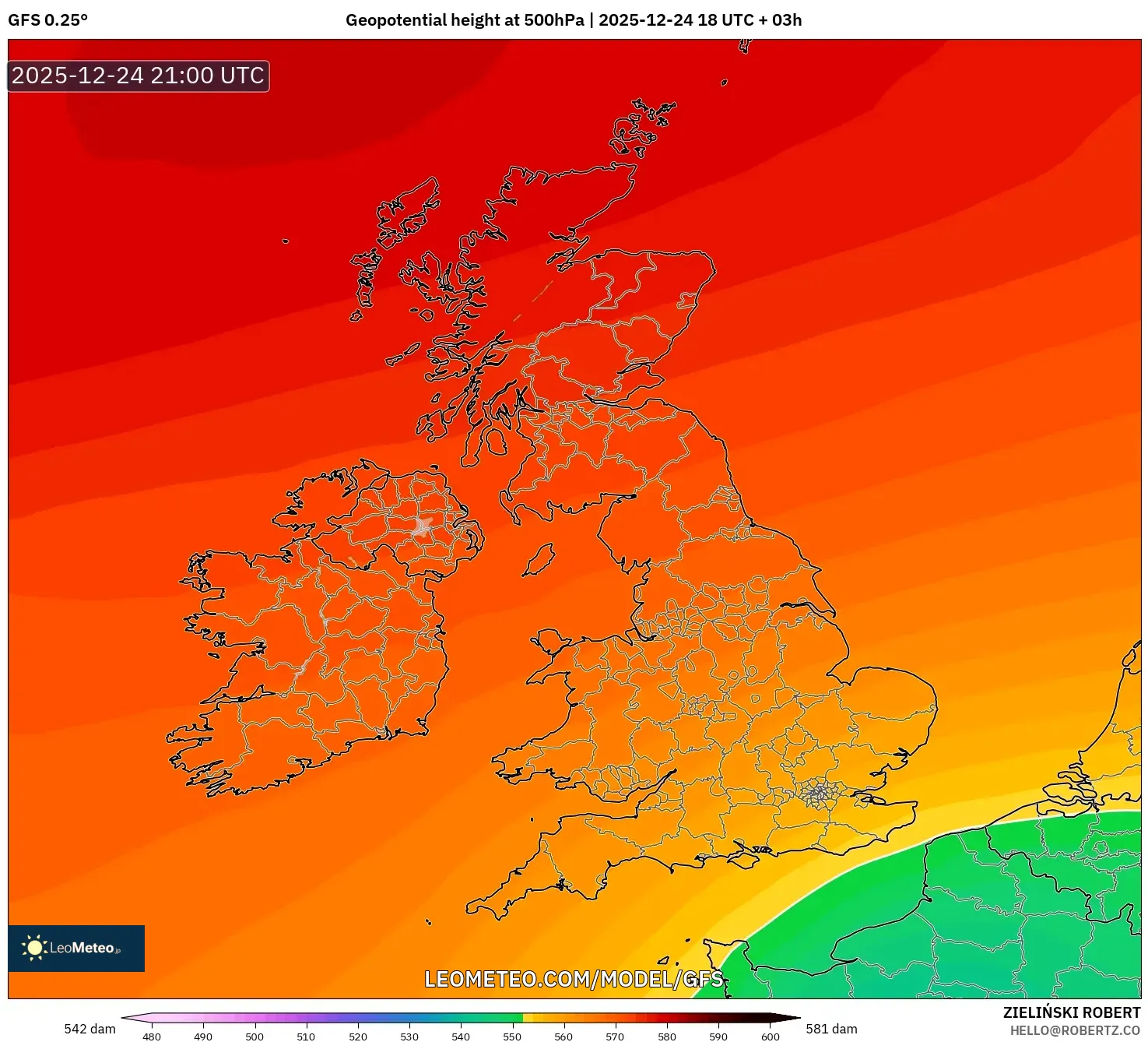 GFS model - United Kingdom, Geopotential height at 500hPa