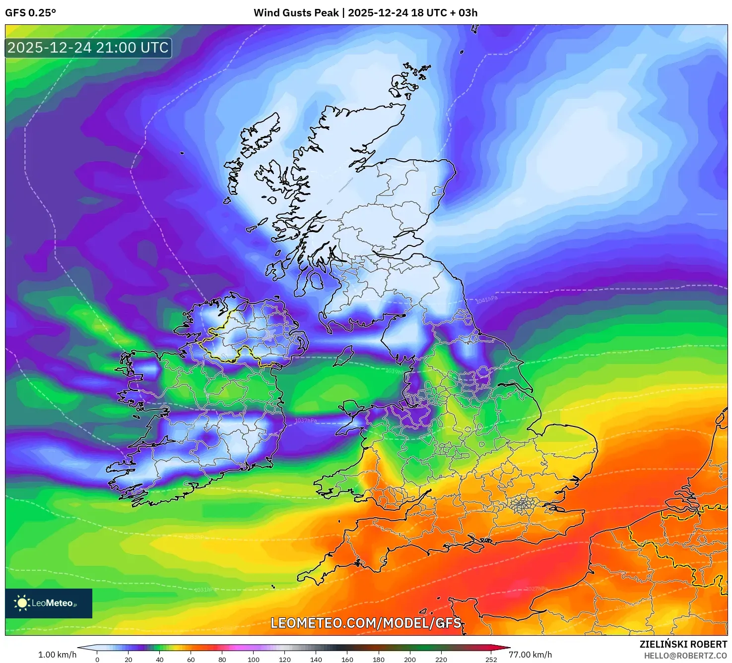GFS model - United Kingdom, Wind Gusts Peak