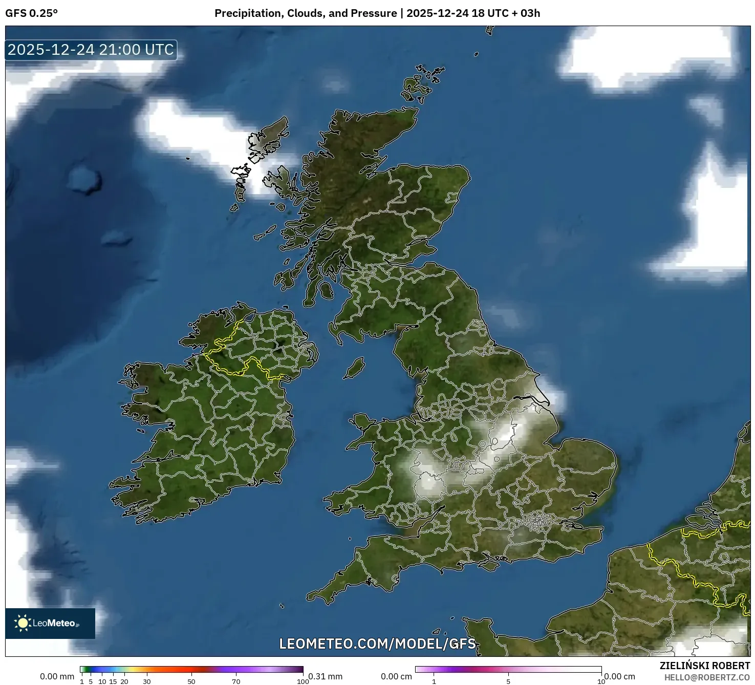 GFS model - United Kingdom, Precipitation, Clouds, and Pressure