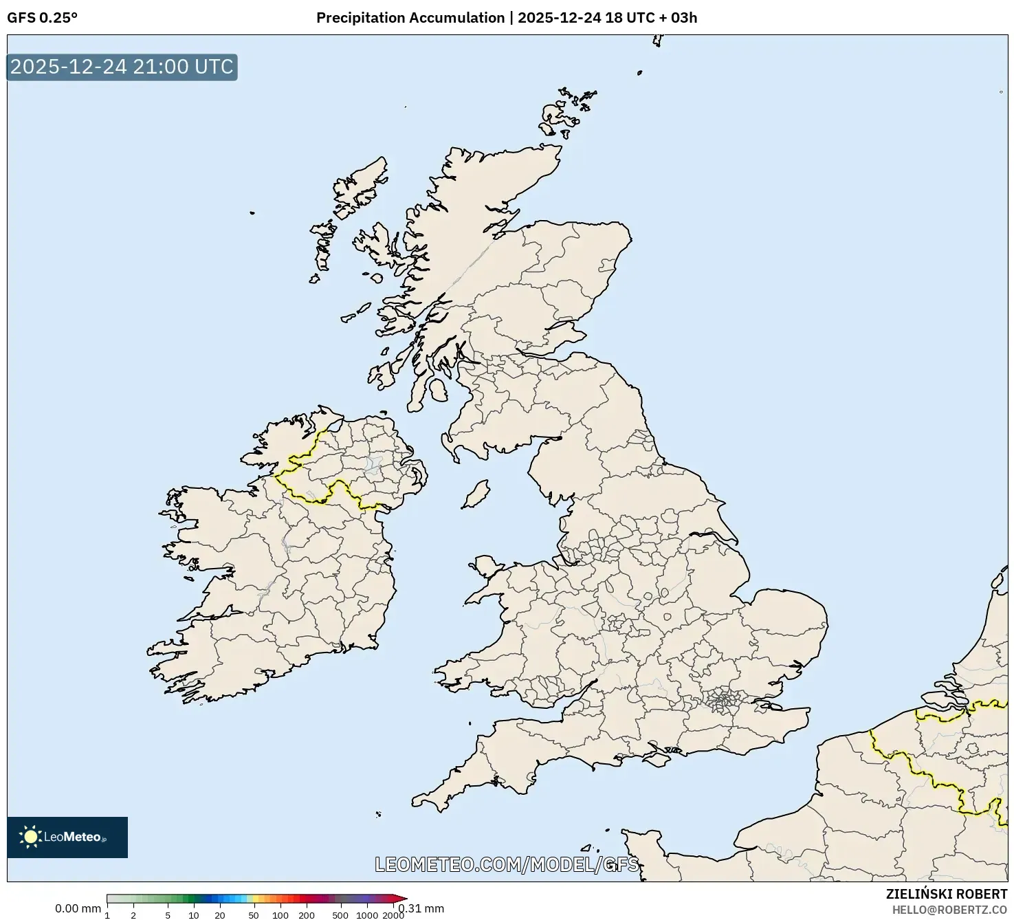 GFS model - United Kingdom, Precipitation Accumulation