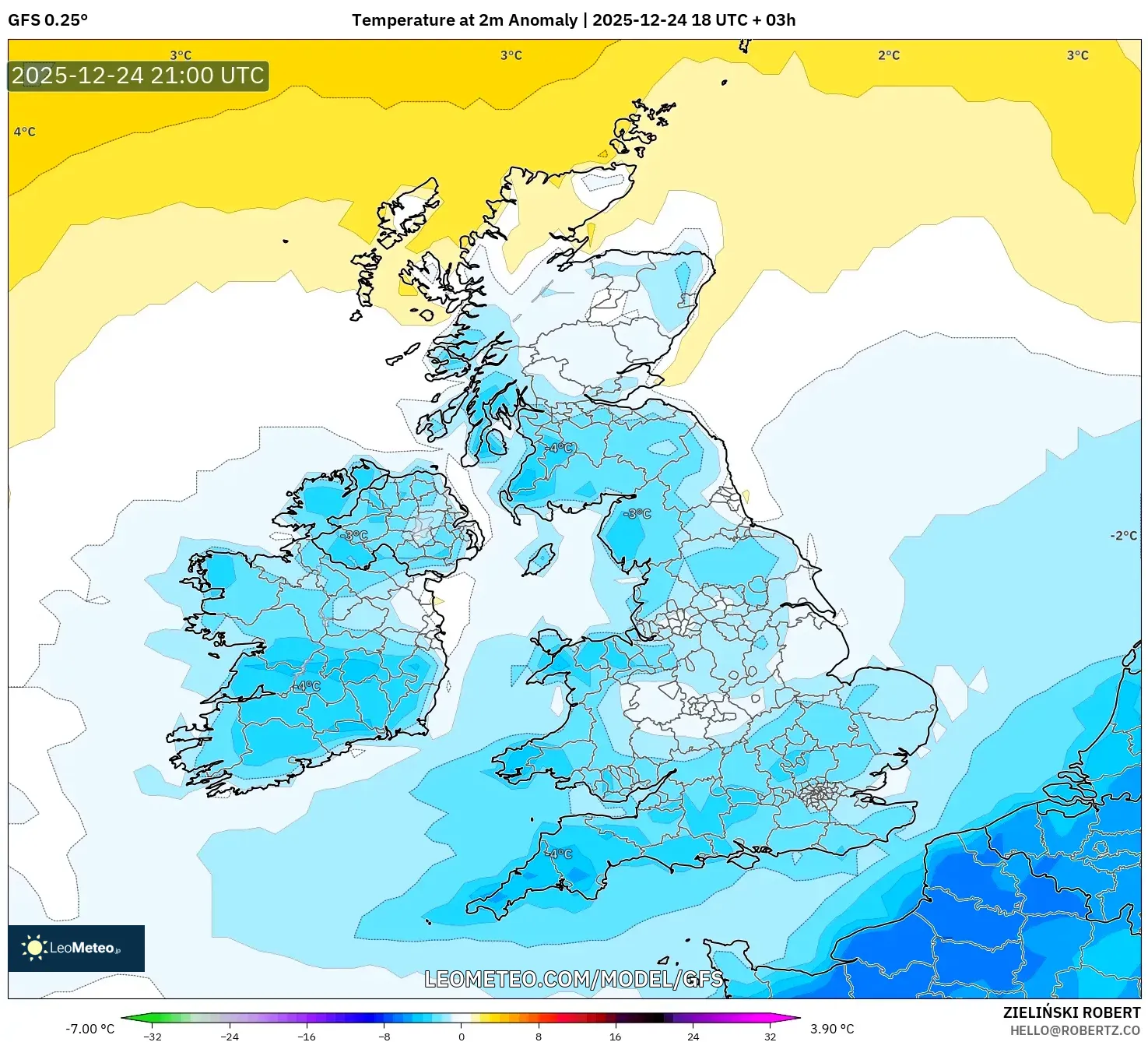 GFS model - United Kingdom, Temperature at 2m Anomaly
